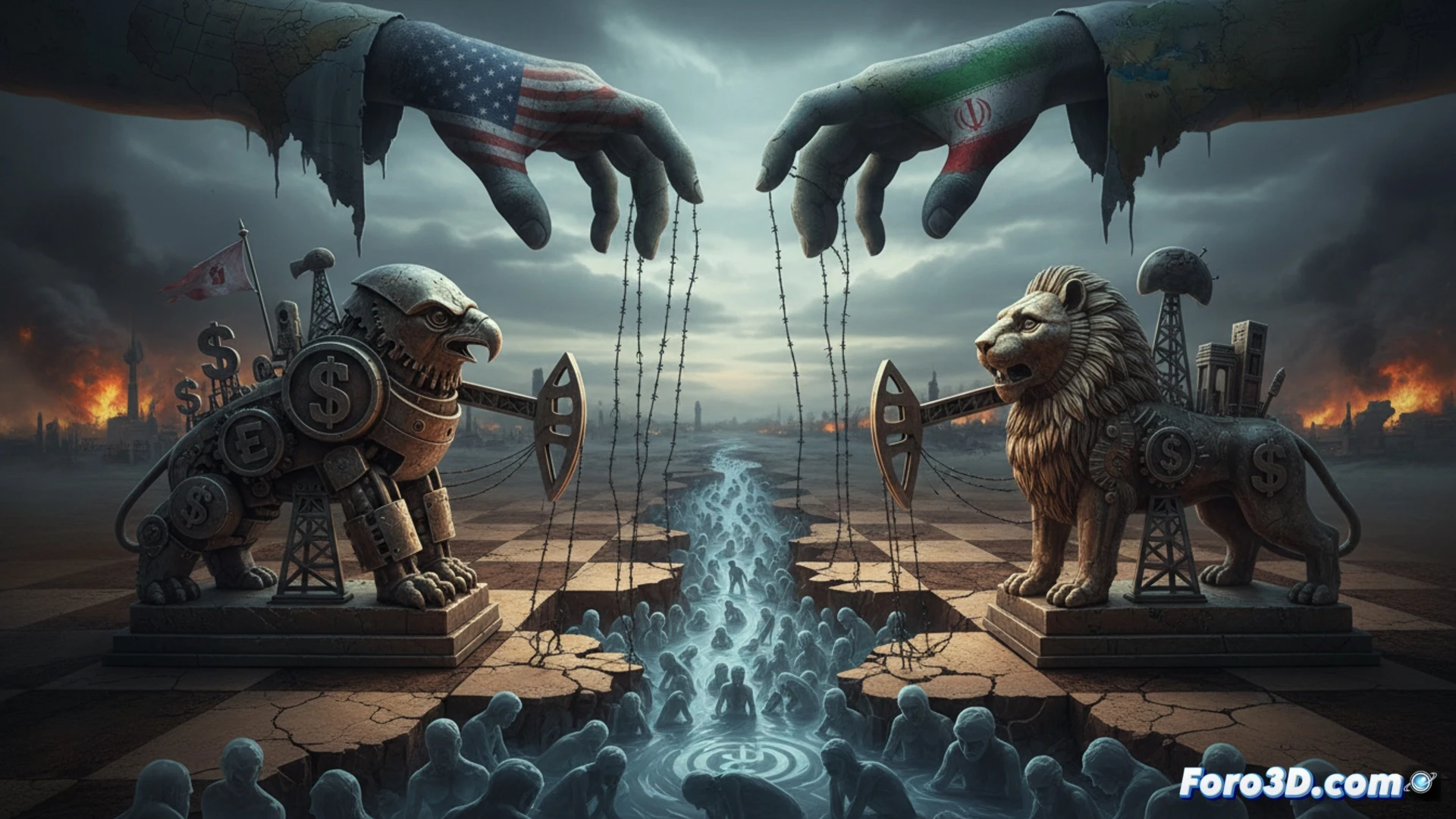Aerial view of two large chess pieces, one American flag-patterned and one Iranian flag-patterned, positioned over a dense Middle Eastern city, miniature human figures trapped between them on a cracked game board, oil barrels and currency symbols scattered near the board edges, smoke rising from distant urban blocks, cinematic photorealistic style, dramatic low-angle sunlight casting long shadows, hyper-detailed textures on the chess pieces and city buildings, desaturated warm tones with glowing orange highlights, technical visualization of geopolitical tension, motion blur on fleeing human silhouettes during the standoff.
