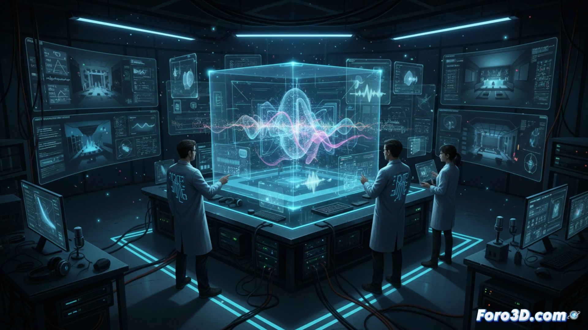Modelo 3D de sala de audiencias con ondas sonoras simulando propagación acústica para peritaje forense de voz