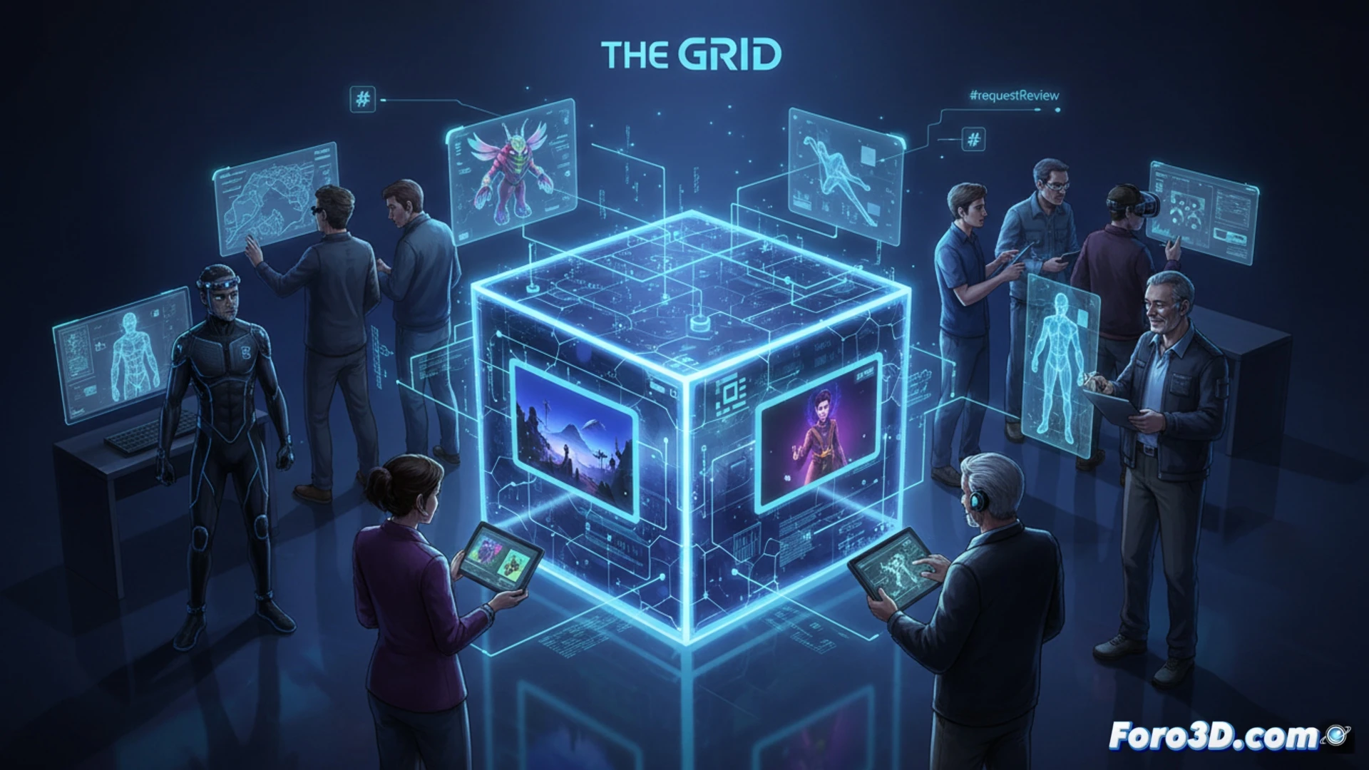 Un artista 3D recibe retroalimentacion en The GRID; iconos VFX y animacion rodean una pantalla con etiqueta #requestReview.