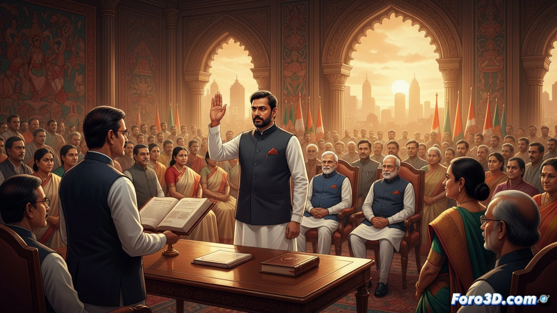 Un primer ministro juramenta ante el gobernador, con Modi y Shah presentes, en un escenario político triunfal en Kolkata.