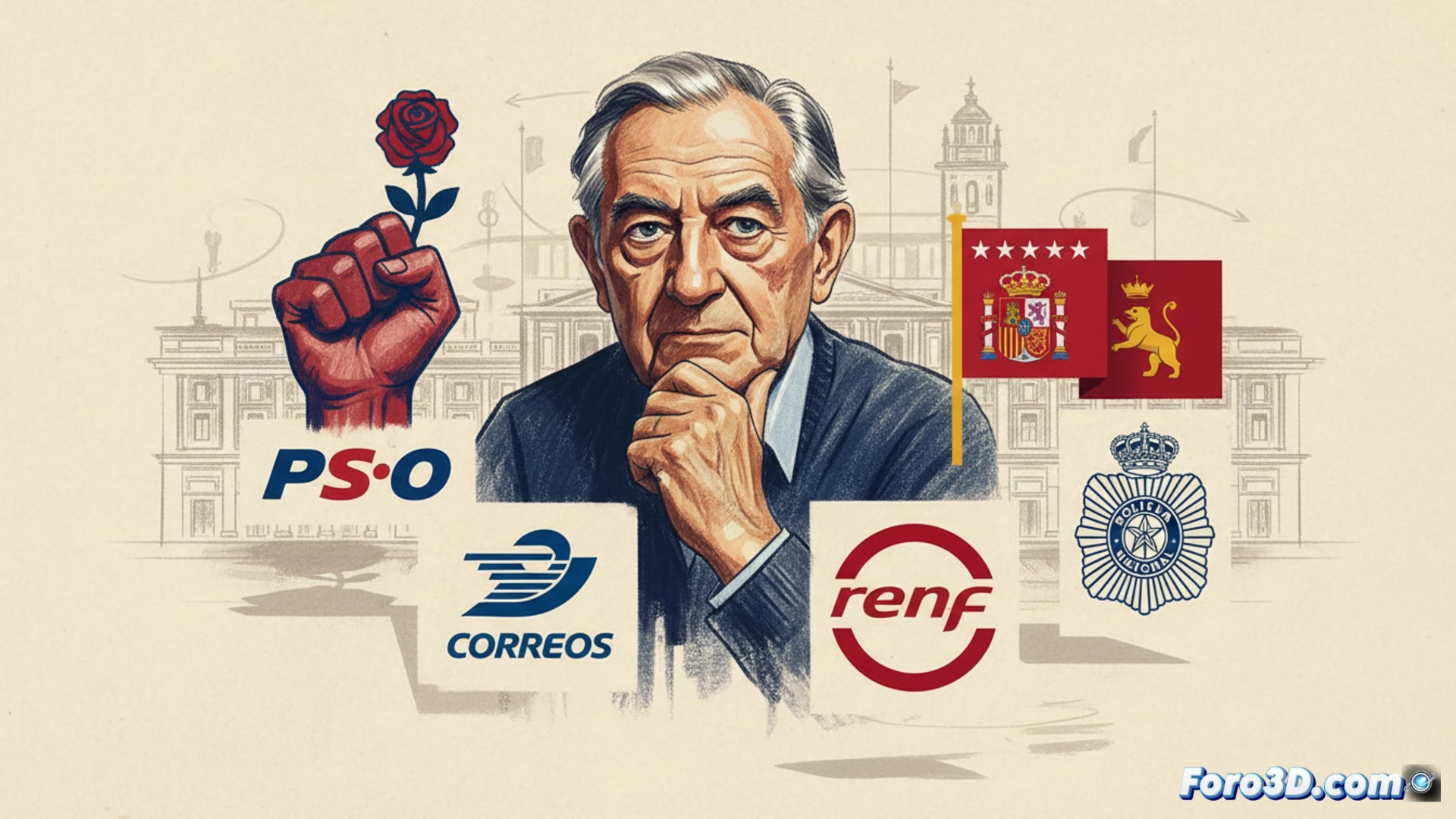 DESCRIPCIÓN: Retrato en blanco y negro de Cruz Novillo, con sus icónicos logotipos flotando a su alrededor: puño y rosa, bandera madrileña, Correos, Renfe y Policía Nacional.