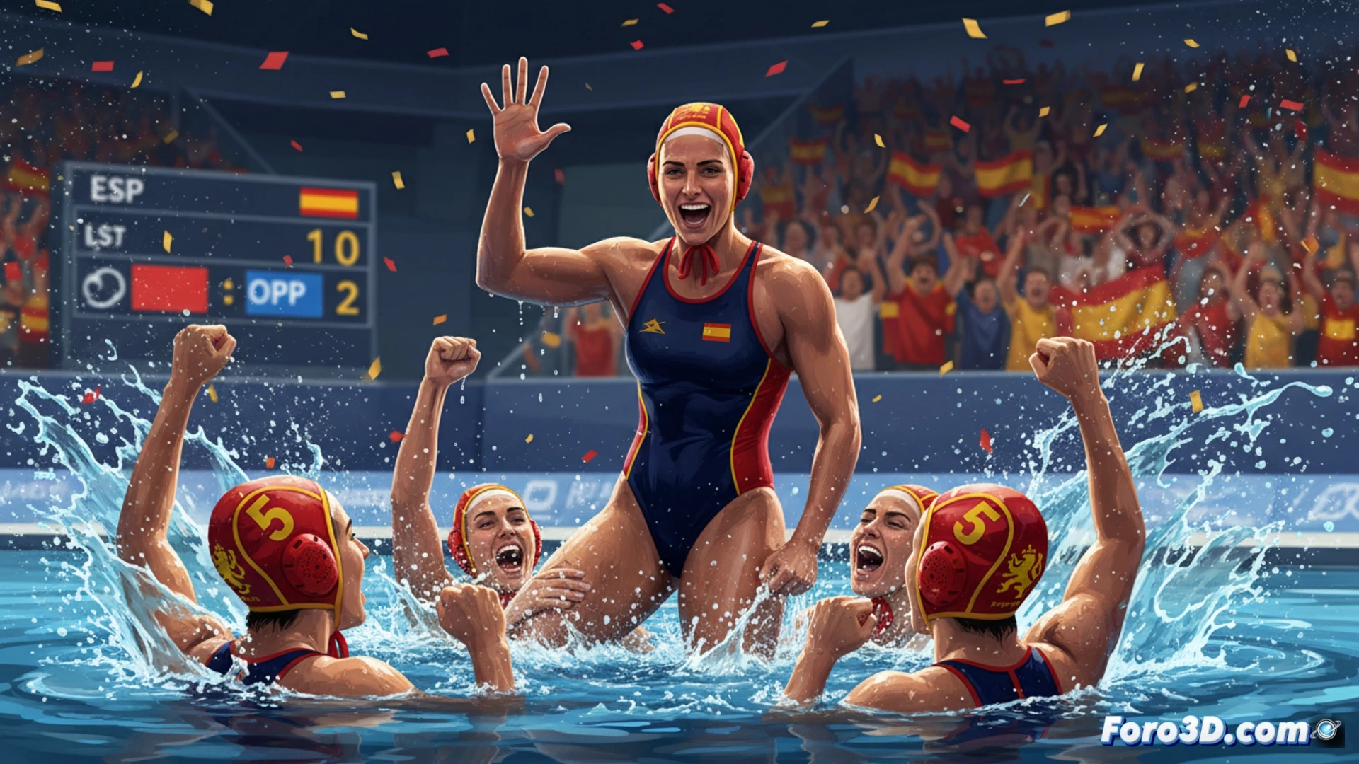 Retrato de Gabi Ben Modo con camiseta del Teucro, sonrisa firme, fondo de pista de balonmano y bandera gallega.