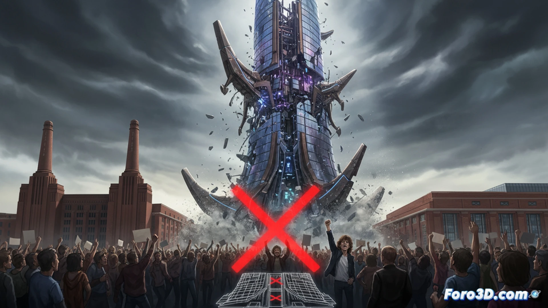 photorealistic architectural rejection scene, Battersea Bridge London riverside, massive 29-storey tower rendered as translucent ghostly wireframe being erased by giant red rejection stamp, surrounding historic low-rise buildings casting long shadows, crowd of protestors holding placards near the bridge, planning documents with technical drawings being torn in half, overcast sky with dramatic light beams breaking through clouds, cinematic urban planning visualization, high-angle shot emphasizing height contrast, detailed brickwork texture on Victorian buildings, reflective Thames water below, engineering illustration style with precise perspective lines