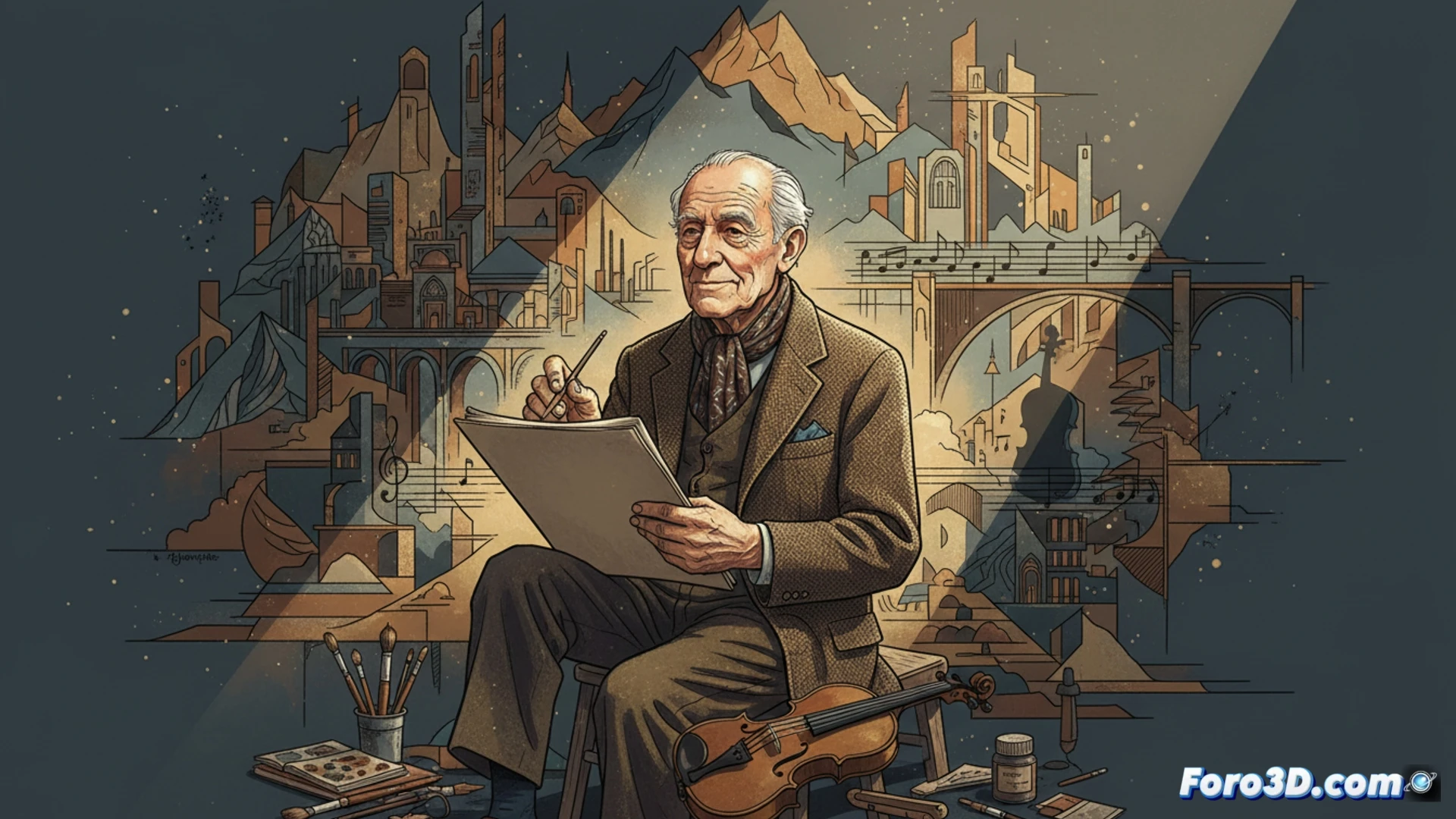 Un retrato de Manuel Alcorlo con pincel y partitura, sobre un fondo de líneas tectónicas en movimiento.