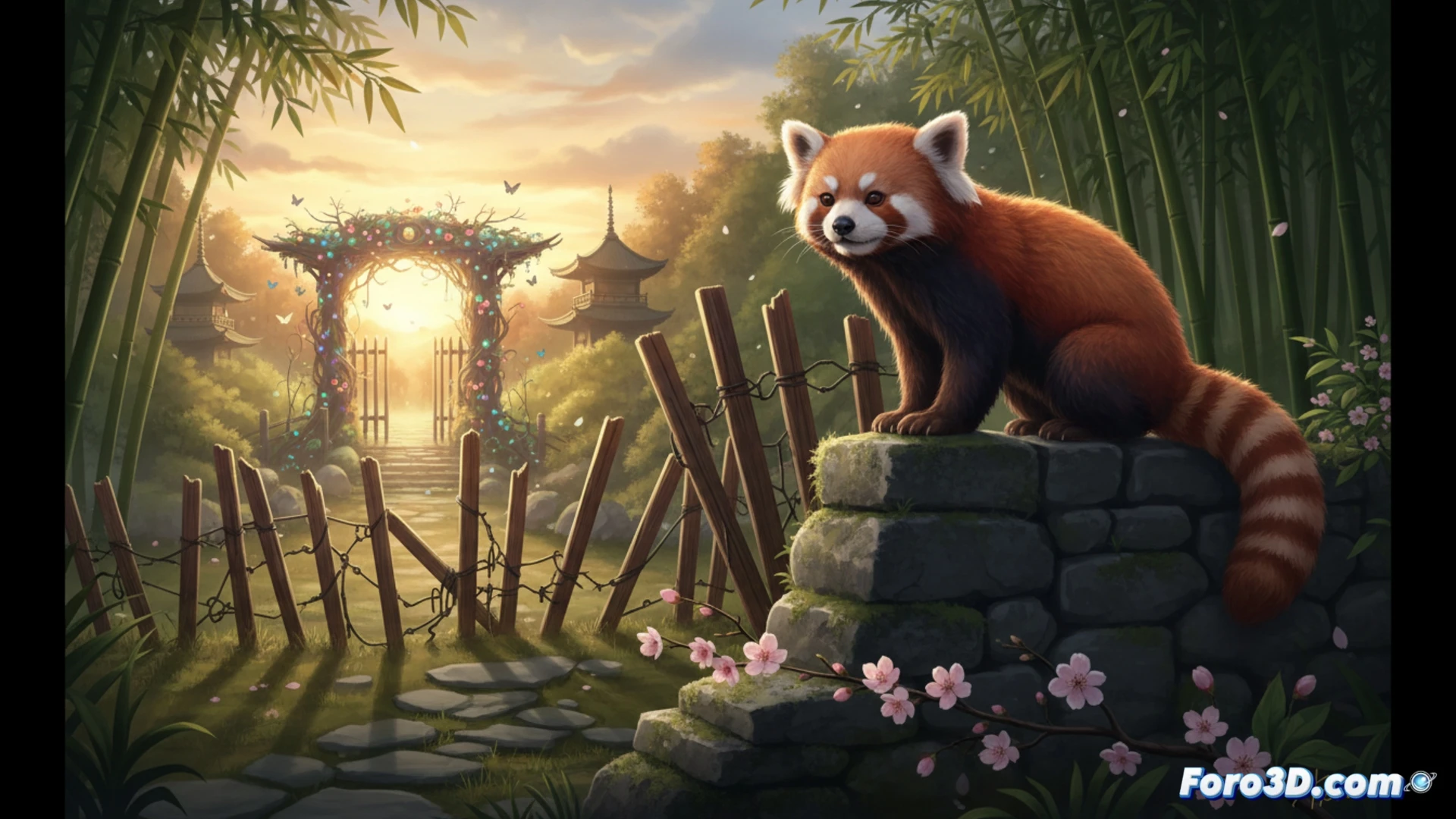 panda roja adulta saltando sobre una valla metálica de dos metros en un zoológico japonés al atardecer, garras agarrando el borde superior con esfuerzo muscular visible, cuerpo alargado en plena acción de escalada, fondo con árboles de hojas rojas y edificios de mantenimiento del zoológico, sensores de movimiento LED azules en la valla parpadeando durante la fuga, cámara de seguridad girada hacia la acción, iluminación cálida dorada contrastando con tonos fríos del metal, estilo cinematográfico fotorrealista con grano de película, profundidad de campo reducida, detalles de pelaje rojizo y patas oscuras en movimiento, representación técnica de biomecánica animal