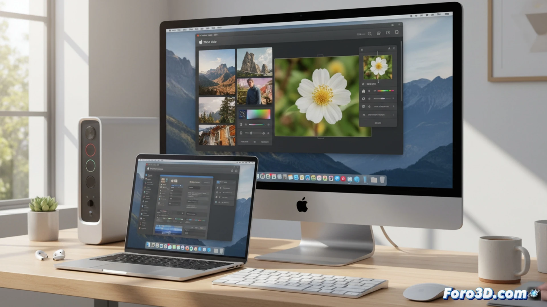 Una Mac abierta muestra la app Fotos, Vista Previa y un editor de imágenes, con iconos de Photoshop tachados en rojo al fondo. Ilustra herramientas nativas gratuitas para edición.