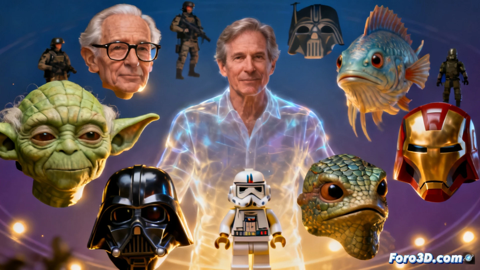 vintage voice recording studio scene, elderly actor Tom Kane standing at a microphone booth, mouth open mid-performance, hands gesturing expressively while voicing Yoda and Professor Utonium characters simultaneously, dual holographic character projections floating above mixing console, audio waveform displays on studio monitors showing layered voice tracks, retro analog mixing board with glowing vacuum tubes and faders in motion, soundproof foam panels on walls, engineering visualization style, photorealistic studio lighting with warm tungsten glow, detailed microphone diaphragm reflection, cinematic depth of field, technical audio equipment detail