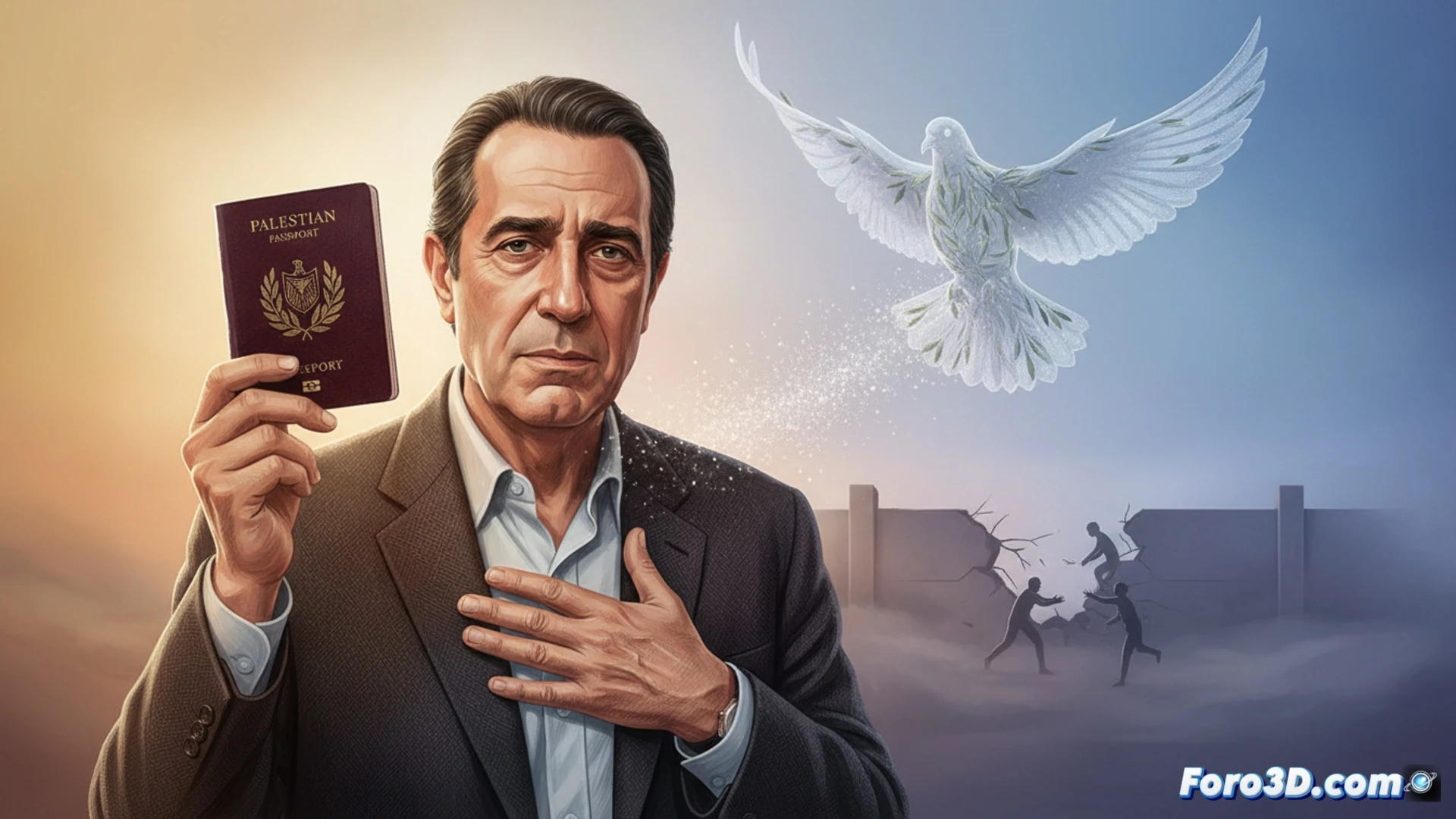 Middle Eastern peace negotiator Ofer Bronchtein holding a worn Palestinian passport while gesturing toward a glowing map of Israel and West Bank, showing interconnected olive branch paths, documentary-style photorealistic portrait, soft golden hour lighting from a window casting shadows, weathered hands gripping passport edges, subtle tear streaks on face, minimalist office background with framed peace accord documents, contemplative expression while looking at passport, emotional cinematic composition, deep shadows emphasizing wrinkles and determination, ultra-detailed skin texture and fabric folds, symbolic olive leaves scattered on wooden desk