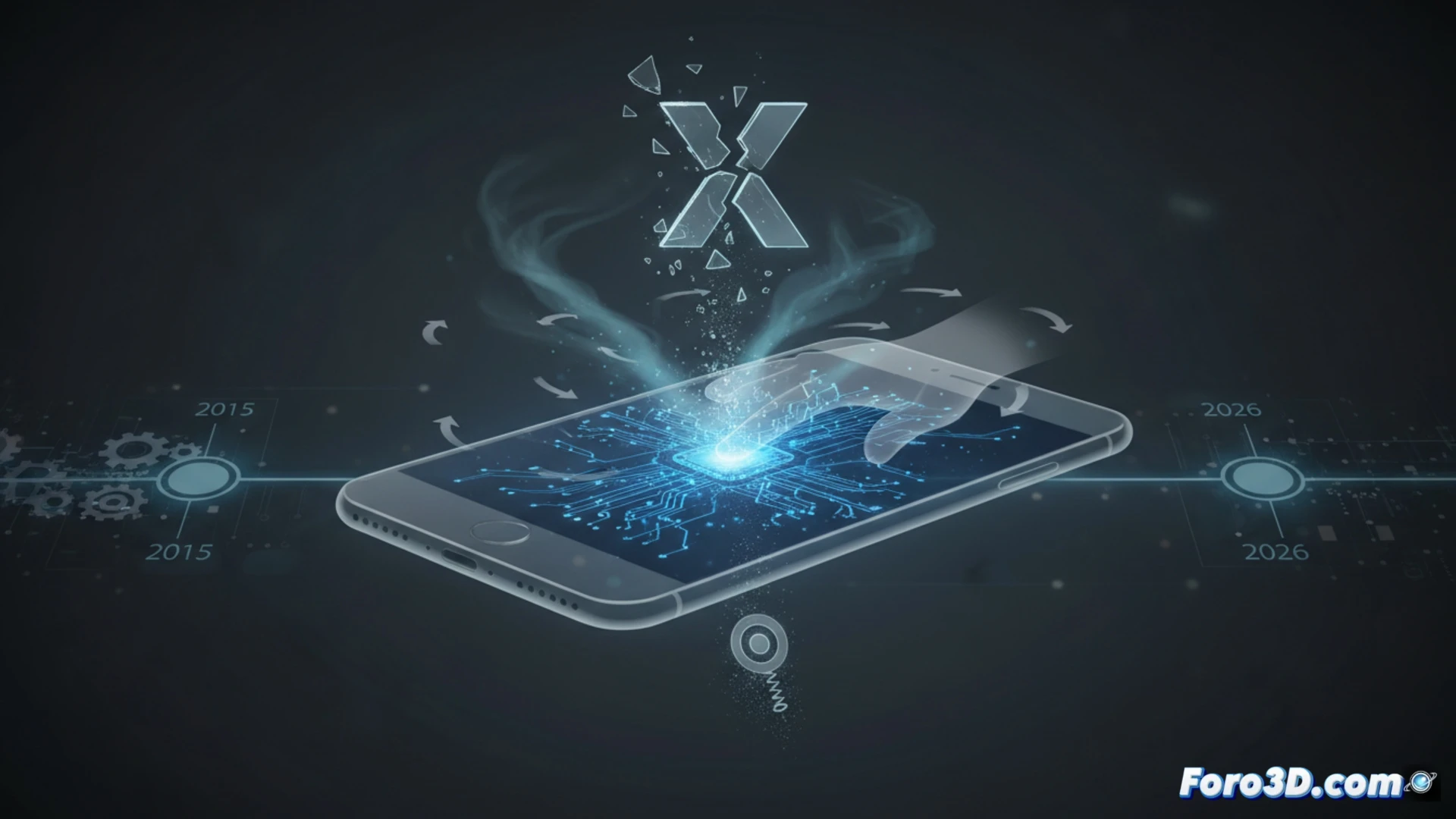 iPhone fragmentado en capas verticales, capa superior de pantalla mostrando presión de dedo con líneas de fuerza curvas y concéntricas, capa media con sensores táctiles desactivados y circuitos desconectados, capa inferior con componentes metálicos oxidados y polvo acumulado, acción de desprendimiento lento entre las capas durante el proceso de obsolescencia técnica, fondo negro industrial con partículas flotando, estilo cinematic engineering visualization, iluminación dramática con foco lateral azul frío, texturas de vidrio roto y metal corroído, photorealistic technical render