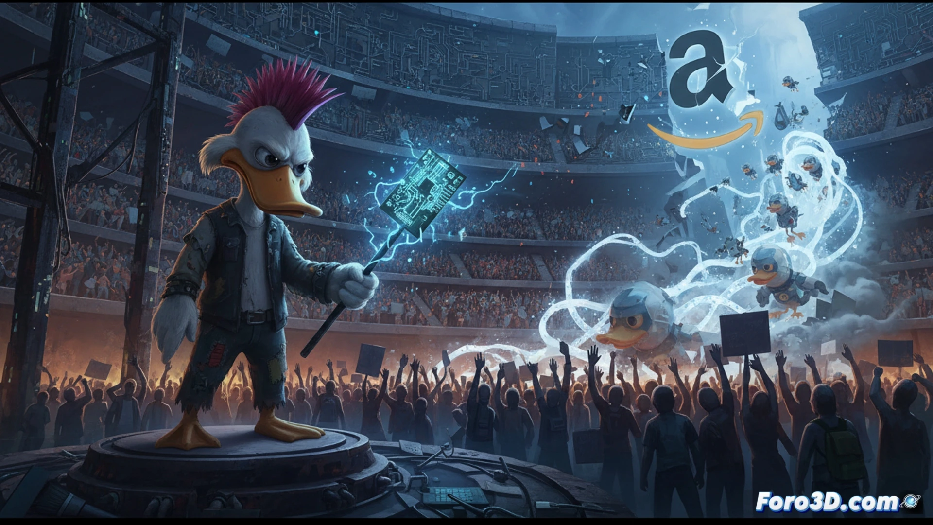 Animación tradicional deteniéndose, un pato de plastilina azul siendo aplastado por un engranaje metálico gigante con el logotipo de Amazon, fondo de estudio de animación con mesas de dibujo vacías y pantallas apagadas, herramientas como lápices y tabletas gráficas rotas en el suelo, luces de estudio parpadeando, estilo cinemático fotorrealista con texturas de papel y metal, atmósfera de conflicto industrial, sombras dramáticas, polvo suspendido en el aire, engranajes oxidados y cables eléctricos deshilachados, demostrando el fin de un proyecto creativo por presión ciudadana.