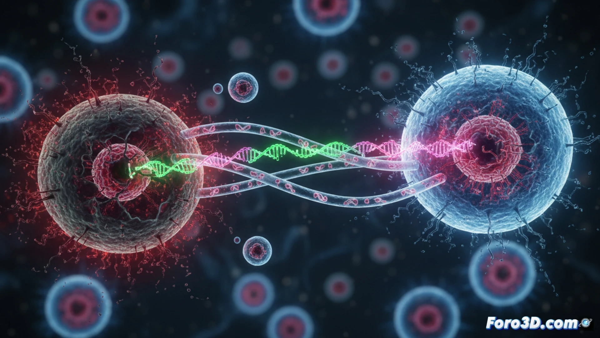 Nanotubos conectando células humanas con fragmentos de ADN dañado viajando entre ellas, visualización 3D biomédica