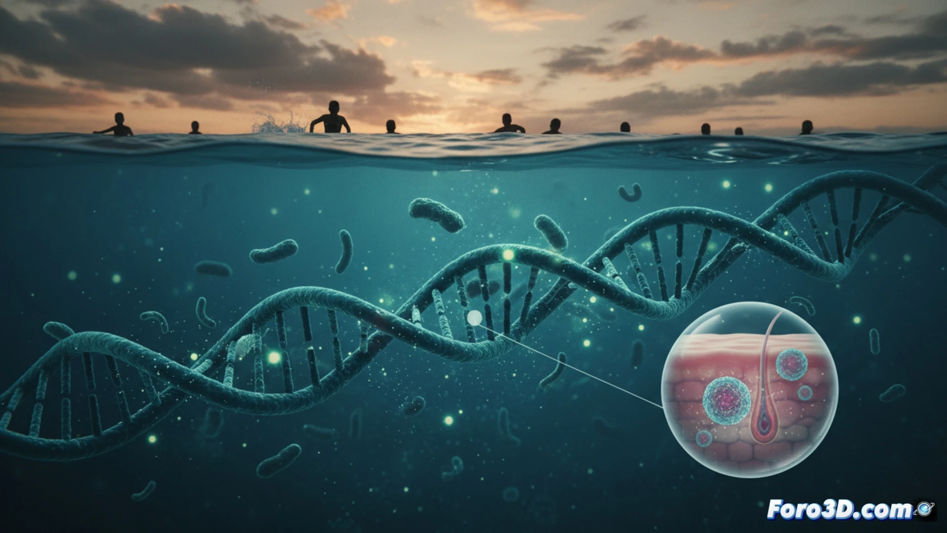 photorealistic technical illustration of water quality testing laboratory, scientist pipetting glowing blue DNA marker into petri dish with water sample, computer monitor showing DNA sequencing graph with 46% contamination spike, traditional culture plates in background showing only 18% growth, molecular double helix structures floating above contaminated water droplets, microscopic fecal bacteria clusters illuminated under UV light, stainless steel laboratory equipment, dramatic blue and amber lighting, ultra-detailed glassware reflections, cinematic engineering visualization, process of DNA analysis revealing hidden pollution
