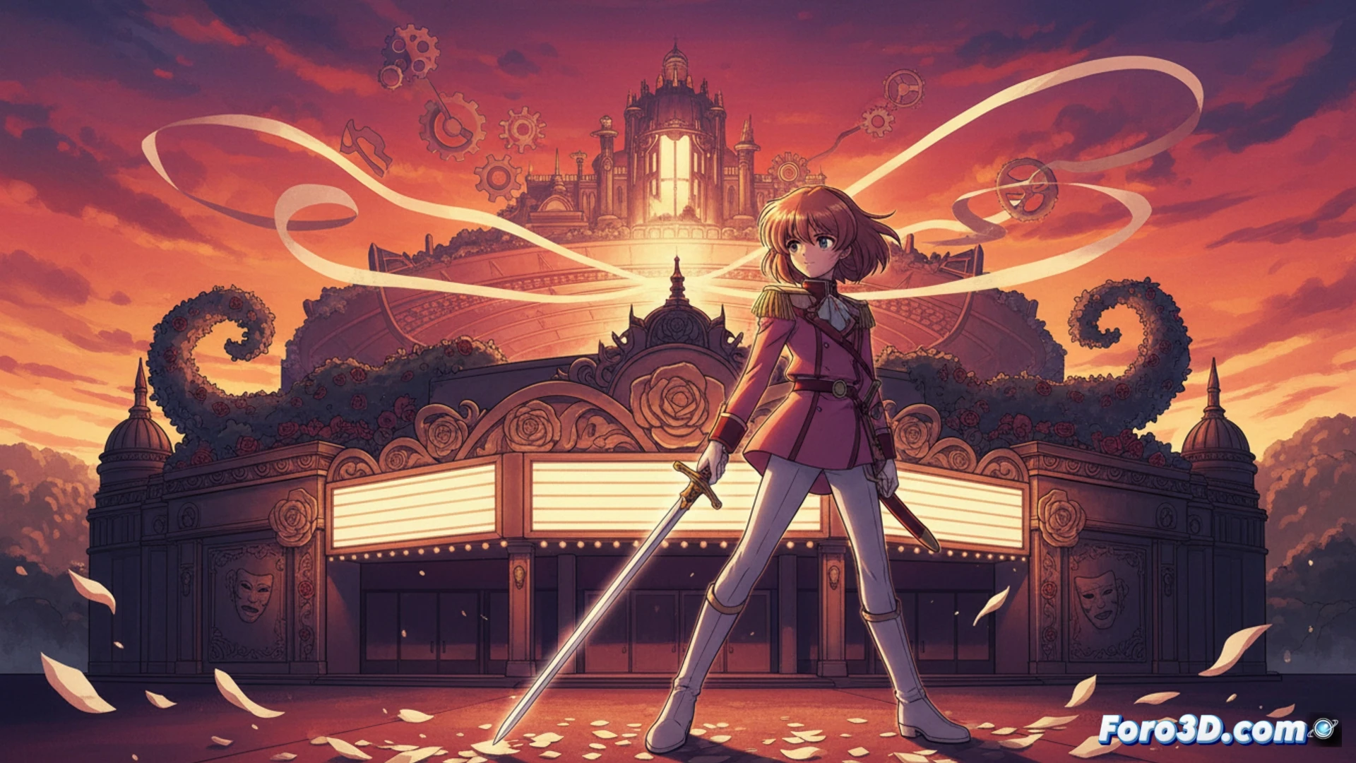 anime movie poster scene, teenage girl with pink hair and a sword standing on a circular glass stage, stage cracking and splitting into floating shards around her, glowing rose petals swirling upward in a vortex, dark castle ruins in background with shattered clock faces and broken pillars, lightning illuminating the scene, cinematic anime style, cel-shaded rendering, dramatic shadows, motion lines on the glass fragments, vibrant magenta and cyan color palette, surreal dreamlike atmosphere, detailed cloth folds on her uniform, glowing rim light on her silhouette