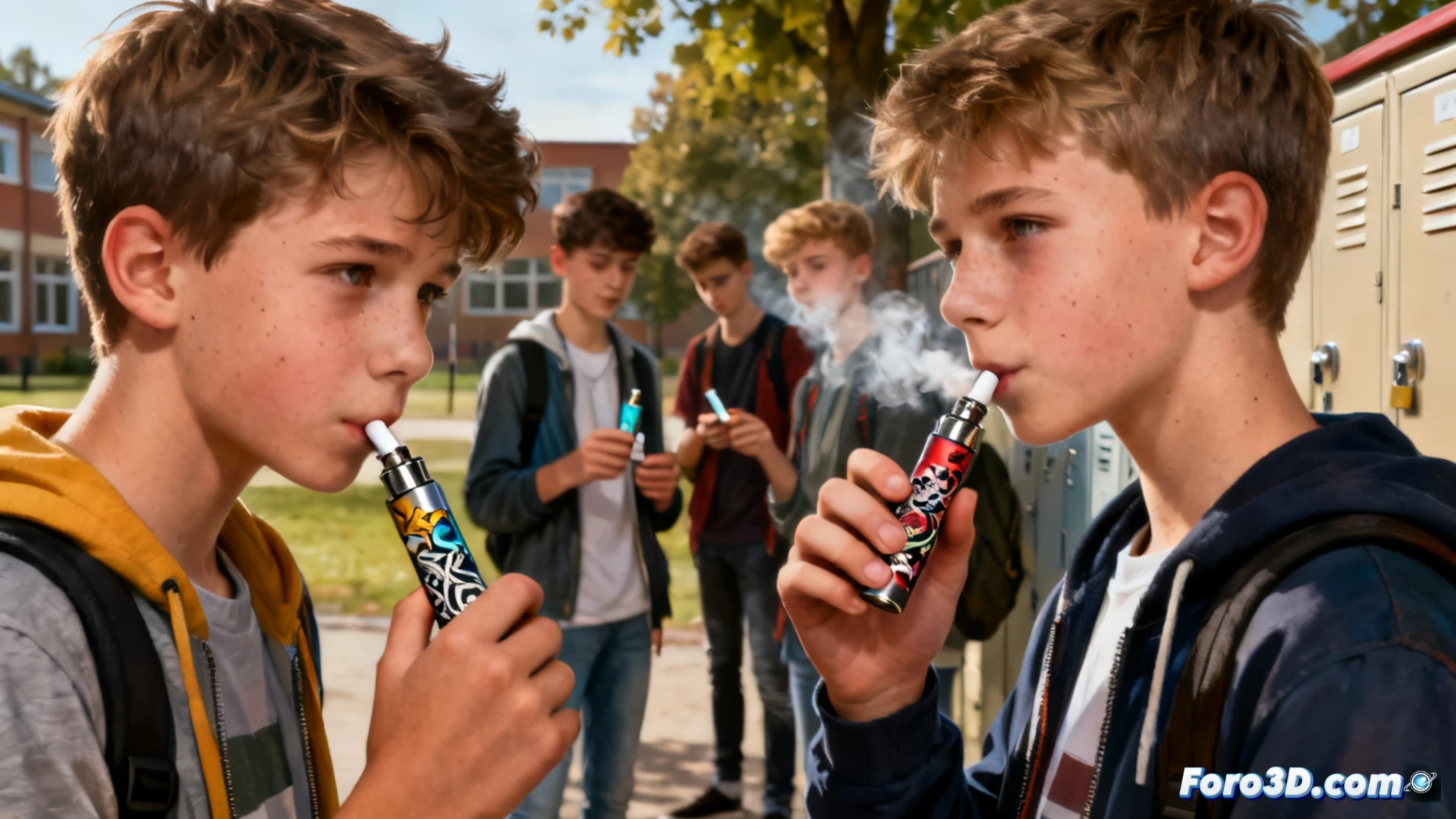 adolescentes alemanes en un parque urbano usando vapeadores desechables y bolsitas de nicotina de colores brillantes, manos sosteniendo dispositivos con vapor saliendo, mostrando el proceso de inhalación mientras otros jóvenes observan, fondo con carteles de publicidad de sabores frutales y empaques llamativos, estilo fotorealista cinematográfico, iluminación natural de atardecer, enfoque nítido en los rostros y productos, atmósfera de alerta sanitaria, composición documental técnica