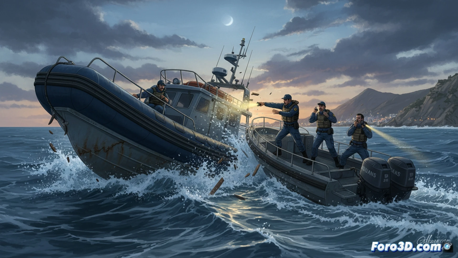Naval patrol boat Audaz being rammed by a high-speed narcolancha in open sea, impact moment with hull deformation and spray explosion, agents inside bracing against violent shock, cockpit dashboard with damaged radar screen and emergency alarms flashing, worn-out equipment panels, low-contrast night vision colour palette, cinematic photorealistic maritime action scene, dramatic low-angle shot, turbulent waves, dark blue and grey tones, intense motion blur around collision point, technical detail on reinforced hull sections