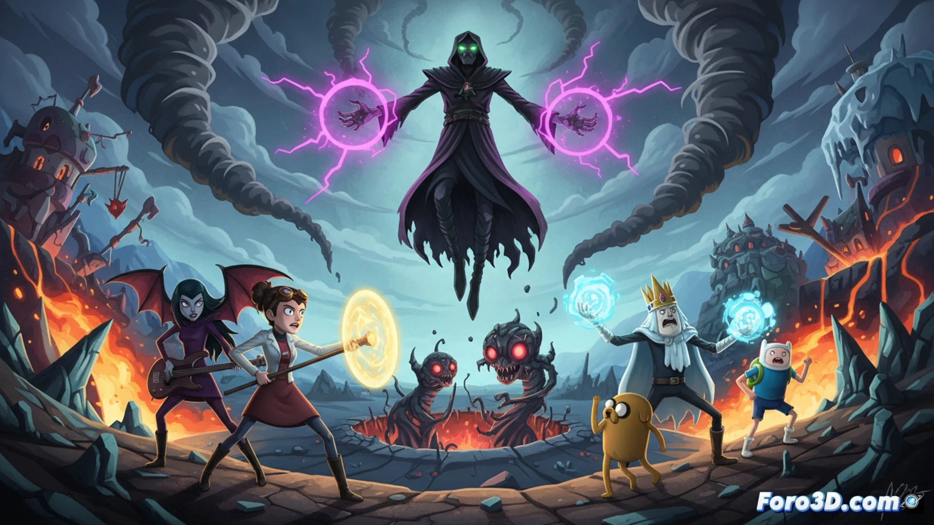 crystal magic explosion in a Martian desert, glowing green energy bursting from a wizard's staff while Betty Grof stands in shock, Marceline's axe bass on the ground nearby, frozen ice shards from the Ice King's crown scattered around, cinematic comic book style, dynamic action pose, dramatic dust clouds rising, vibrant neon green and blue energy trails, realistic rock textures, bold contrast lighting, high-contrast shadows, superhero comic panel composition, ultra-detailed fantasy illustration, photorealistic digital painting