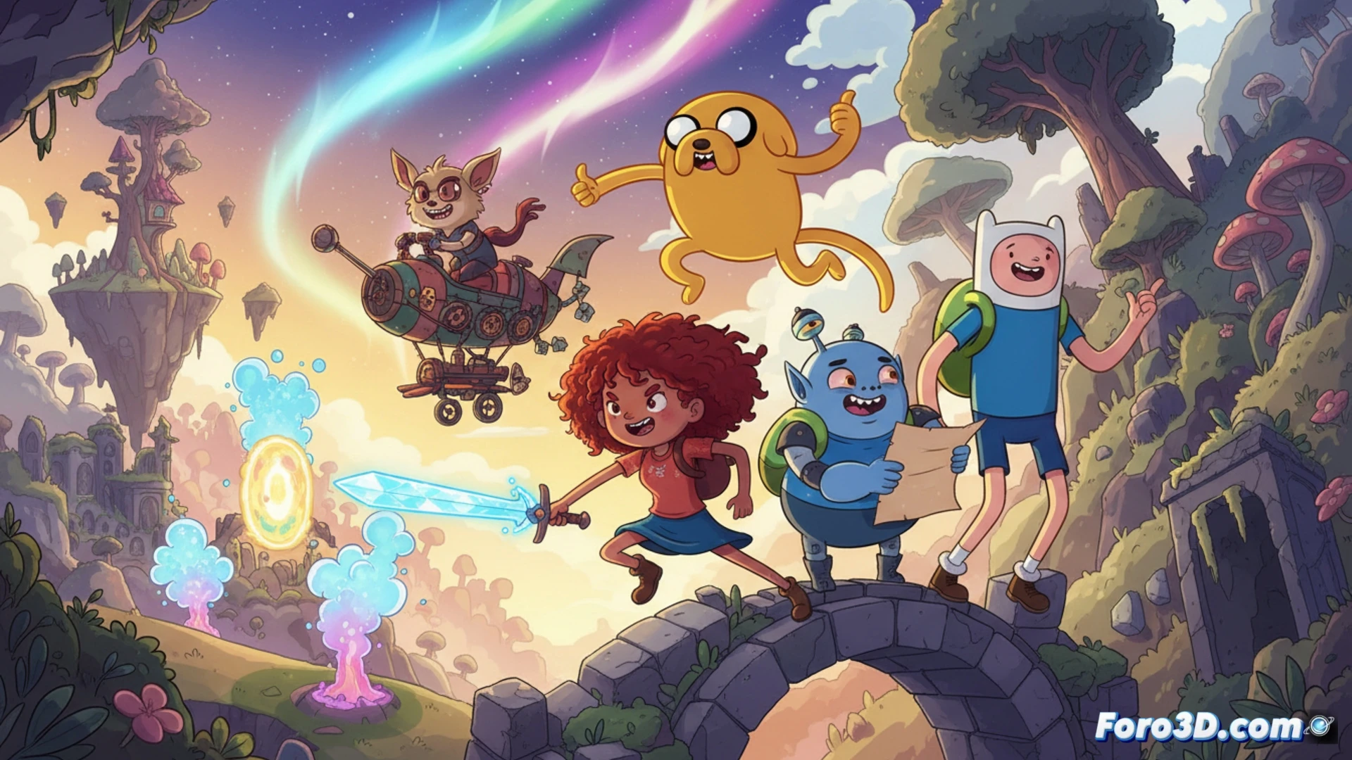 Finn y Jake caminando por un bosque digital renderizado, Finn sosteniendo un mapa holográfico con rutas de misiones secundarias resaltadas en azul, Jake transformado en una mochila técnica con correas de tela y hebillas metálicas, árboles pixelados con textura de baja poligonación, herramientas de aventura dispersas en el suelo: una brújula rota y un dispositivo de comunicación con antena, luz de atardecer filtrándose entre ramas, estilo visual cinematográfico y técnico, ilustración de ingeniería de videojuegos, acción mostrando el inicio de una búsqueda, proceso de exploración interactiva, ultra detallado en texturas de madera y metal, render fotorrealista con iluminación dramática