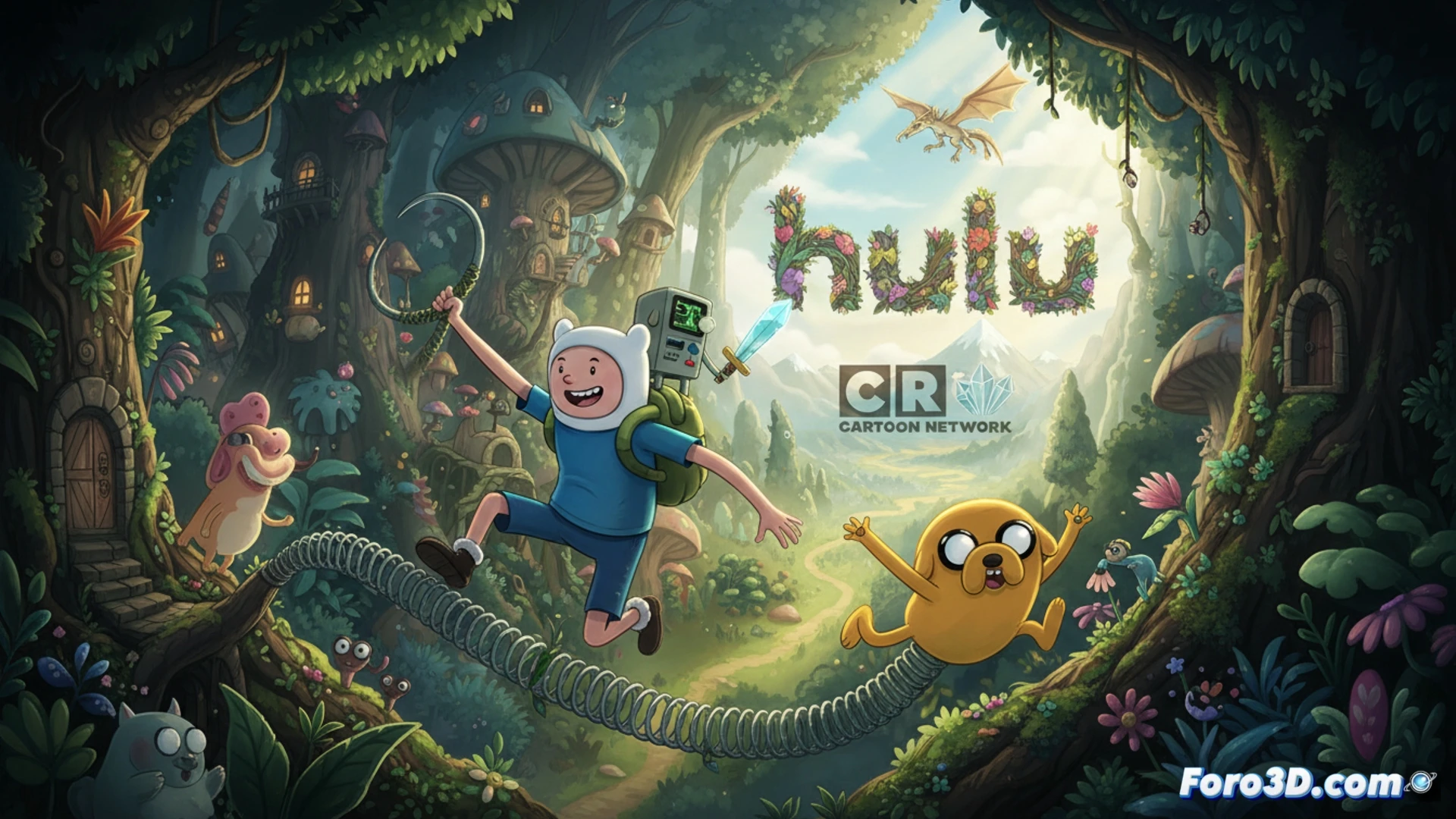 Finn the human and Jake the dog leaping through a glowing portal into a bright, cartoon forest, Jake stretching his arm to catch a floating golden key while Finn swings his grass sword at a small, mechanical spider-bot, both characters mid-action with exaggerated motion lines, adventure gear visible on their belts, soft green and orange magical light spilling from the portal, clean cel-shaded animation style with thick outlines, flat vibrant colors, dynamic camera angle from low ground looking up, no text or numbers, pure visual storytelling.