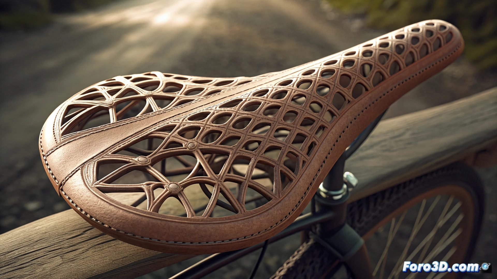 Sillín AERIS en bicicleta urbana. Estructura de celosía impresa en 3D en resina elastomérica, cubierta de cuero marrón cosido a mano. Luz natural lateral.