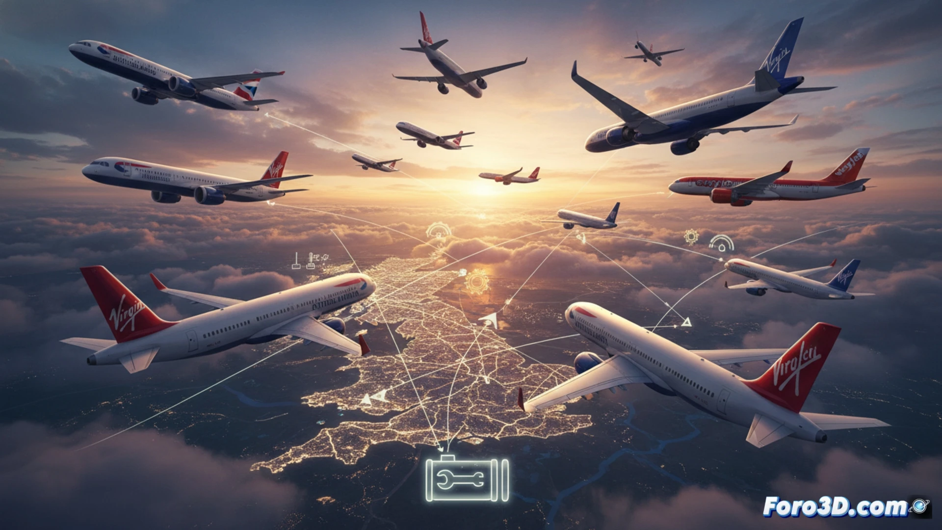 Un mapa del Reino Unido con rutas aéreas recortadas, rodeado de aviones en miniatura y gotas de queroseno cayendo sobre un tablero de horarios.