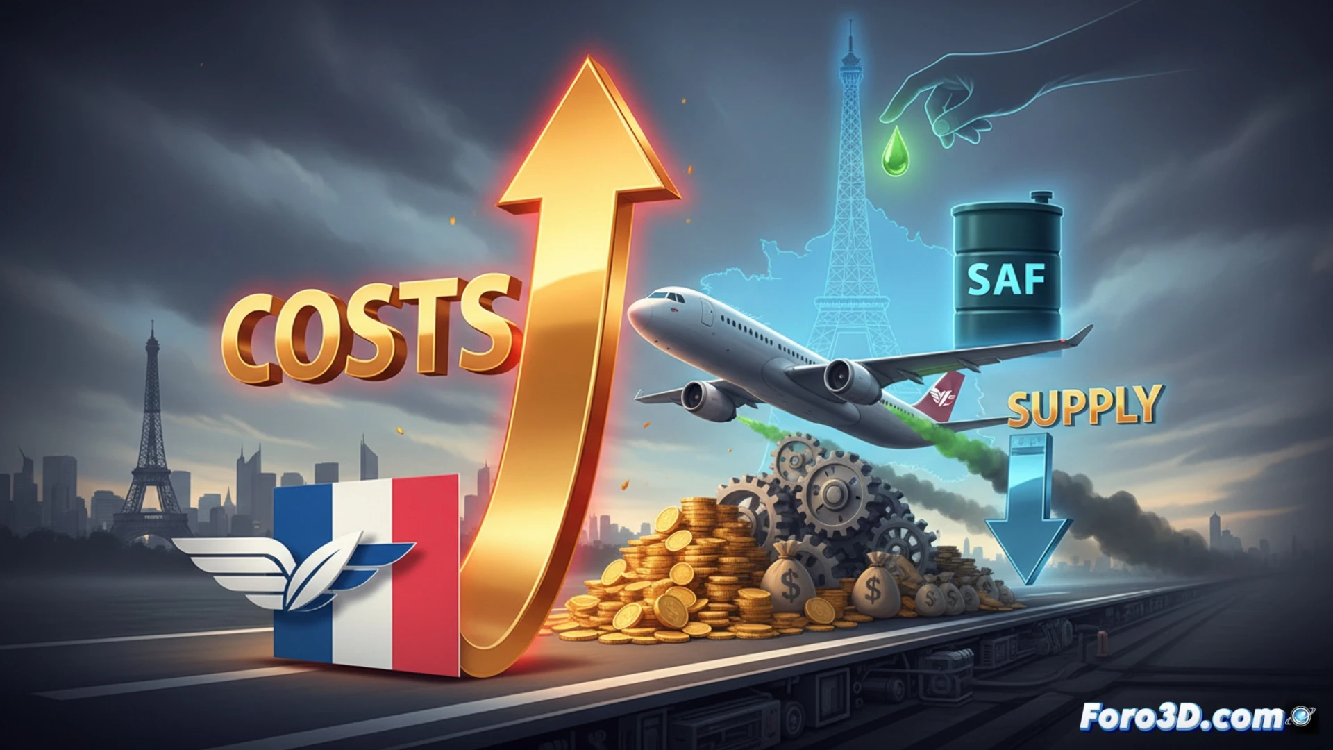 photorealistic technical illustration of an Air France Airbus A320 being refueled with SAF at a French airport, ground crew handling bright green fuel hose connecting to wing tank, two contrasting fuel price tags on a digital display showing five times cost difference, distant refinery with low production output symbol, overcast industrial sky, dramatic lighting on metallic fuselage, detailed fuel nozzle and hose mechanics, cinematic engineering visualization, realistic textures on tarmac and aircraft