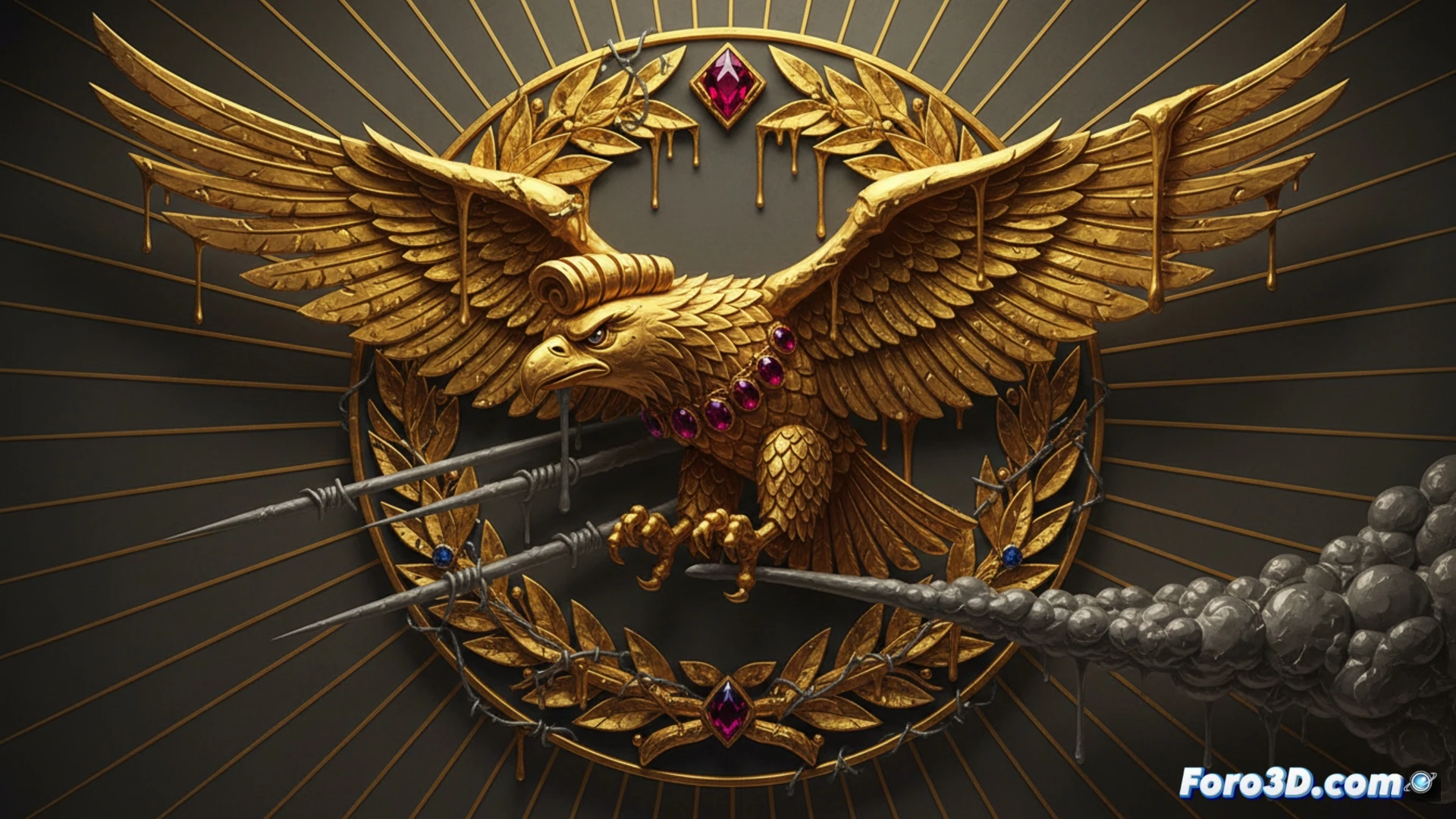 Imagen del nuevo logotipo del Aeropuerto Trump: un águila dorada y ostentosa sobre fondo negro, con ramas de olivo bañadas en oro, diseñado como una barra de Fort Knox, vulgar y excesivo.