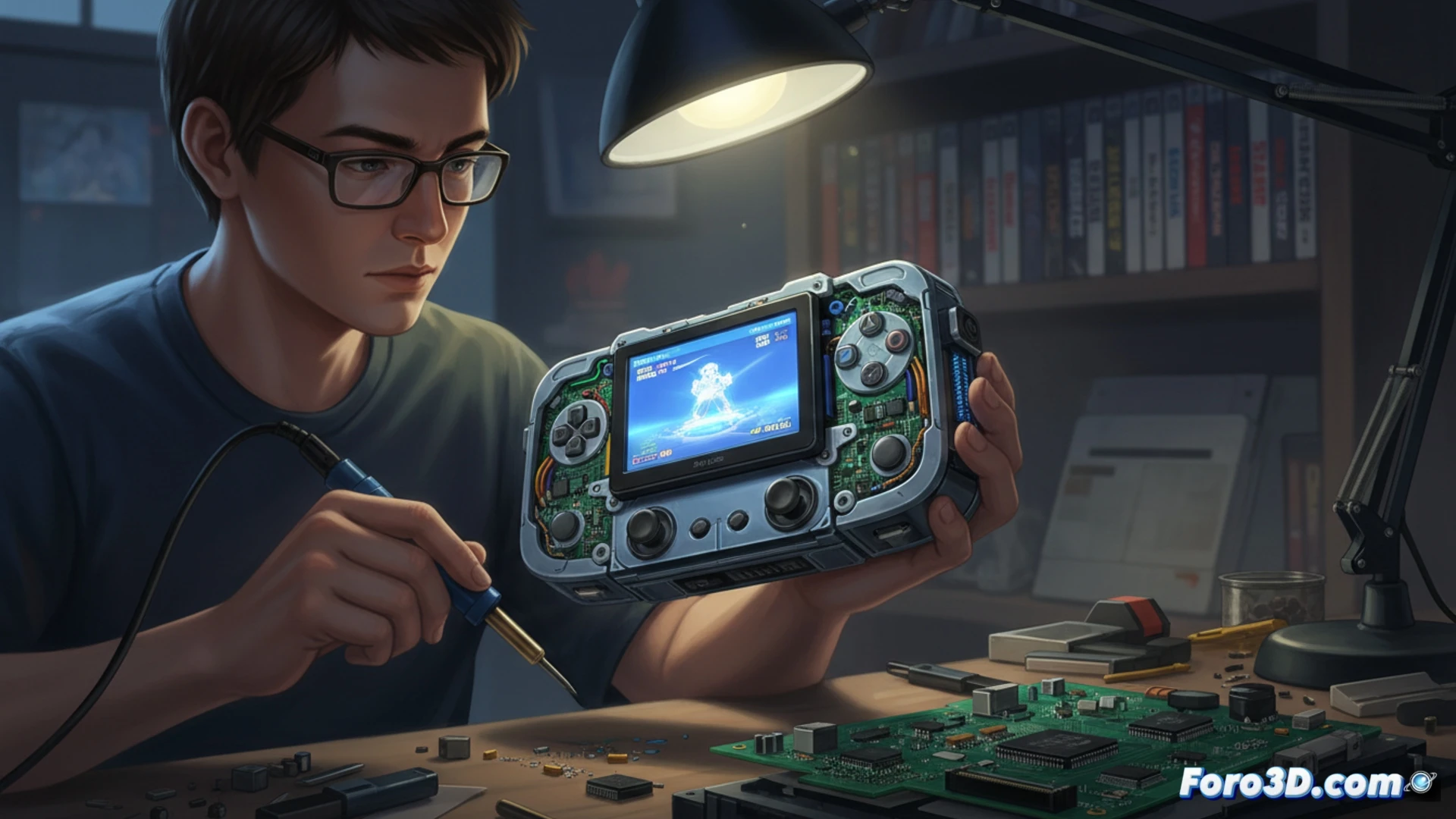 Técnico soldando con precisión una placa base personalizada de PlayStation 2 portátil, chips principales reubicados sobre PCB verde, disipadores de cobre visibles, cables finos conectando componentes mientras un multímetro digital muestra continuidad, fondo con banco de trabajo iluminado por lupa LED, carcasa impresa en 3D abierta mostrando el ensamblaje, estilo cinematic photorealistic engineering visualization, enfoque nítido en la punta del soldador y las pistas de estaño, sombras dramáticas, textura metálica reflectante, alta definición técnica