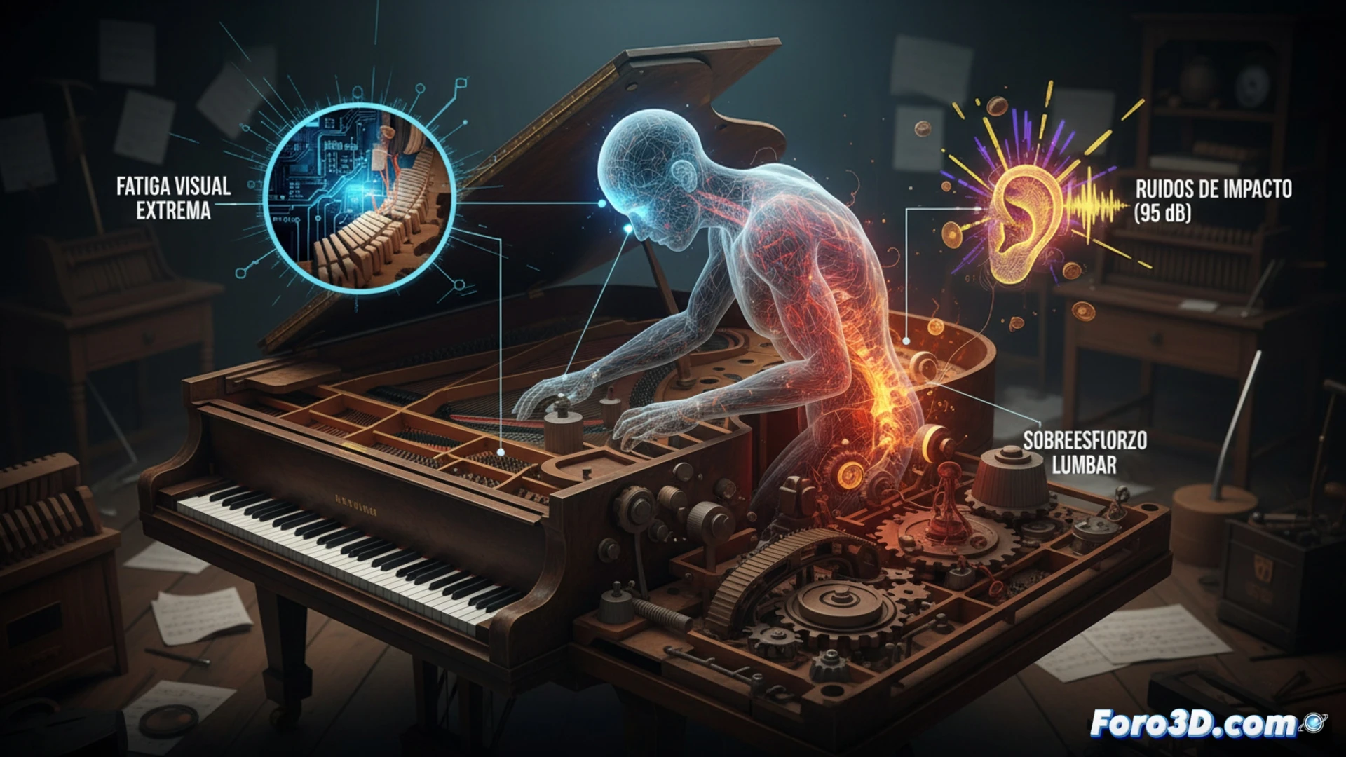 Afinador de pianos en postura forzada, con lupa de precisión y fondo de partituras borrosas, mapa corporal 3D de riesgos laborales