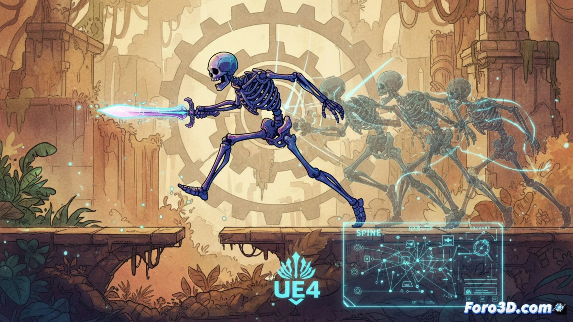 Captura de Afterimage con personaje animado en combate sobre fondo pintado a mano