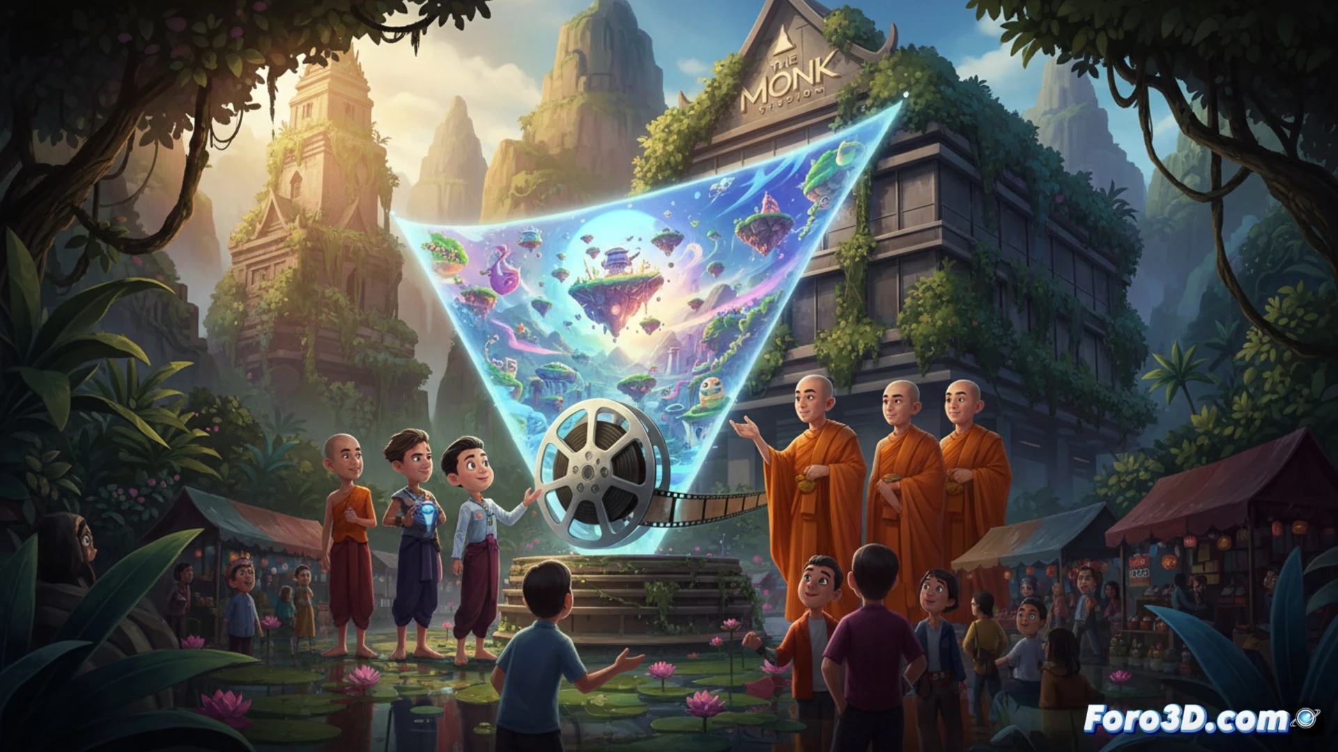 Concept art de Afterworld muestra una jungla tailandesa iluminada por farolillos, con un joven protagonista mirando una puerta flotante. Logos de The Monk Studios y Matt Braly aparecen abajo, sobre fondo anaranjado de atardecer.