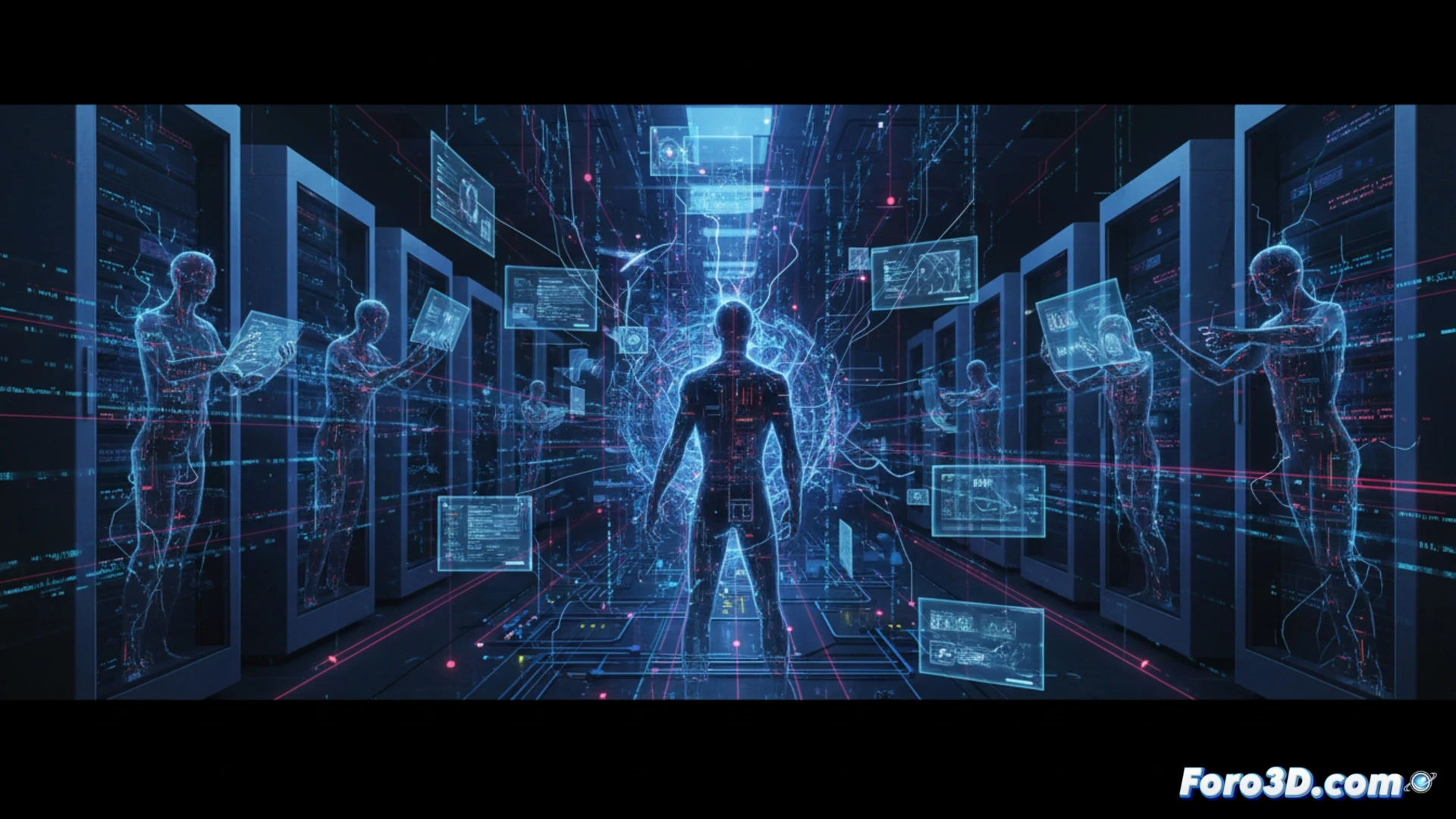 Ilustración digital de una red corporativa azul oscura con un ojo rojo brillante oculto entre servidores y datos, simbolizando un agente IA interno vigilando sin control.