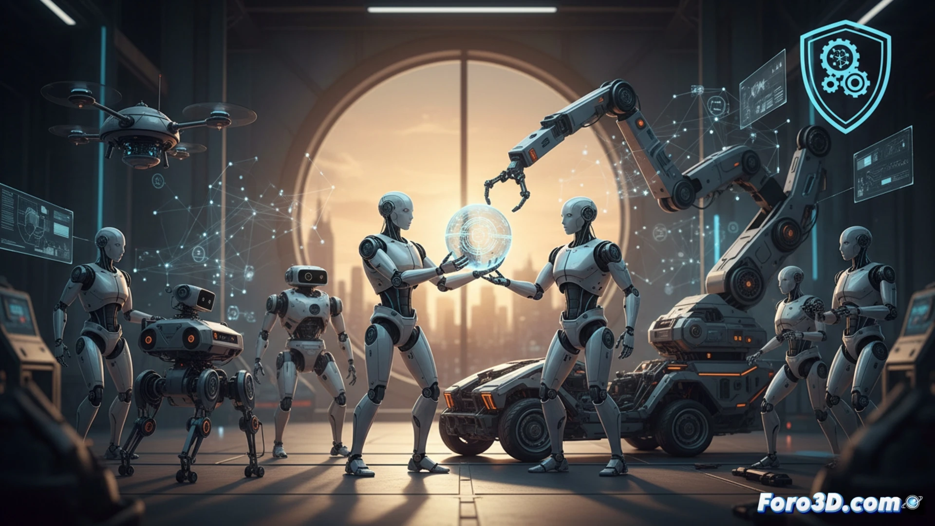 Photorealistic engineering visualization showing three distinct robots collaborating in a sunlit industrial lab: a quadruped robot scanning a control panel while a robotic arm adjusts a valve and a wheeled drone hovers overhead, all connected by glowing real-time data streams and holographic coordination lines, demonstrating autonomous teamwork and adaptive decision-making, ultra-detailed mechanical joints and sensors, dramatic side lighting, metallic textures, high contrast technical render