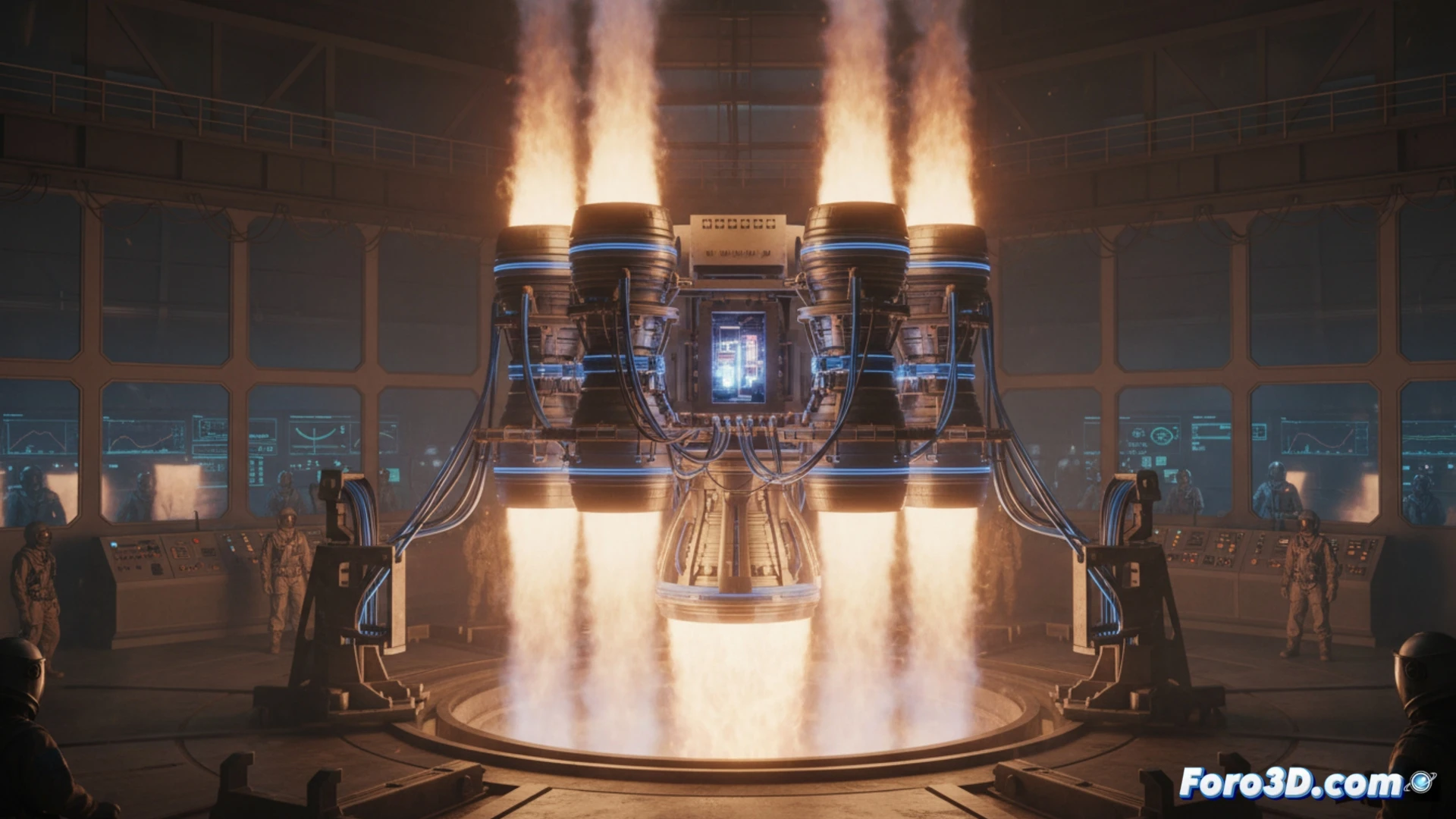 four Agnikul semicryogenic engines in a cluster test stand, simultaneous hotfire ignition with bright blue-white exhaust plumes, metallic 3D-printed engine bodies with visible layer lines, electric pump feed lines and sensors attached, engineers monitoring from a reinforced control room window, data cables and pressure gauges visible, dramatic smoke and heat haze rising, industrial concrete test bay with steel reinforcement, photorealistic engineering visualization, cinematic lighting with harsh shadows from the flames, ultra-detailed mechanical components, motion blur on exhaust gases, technical illustration style showing the action of multi-engine thrust vectoring demonstration