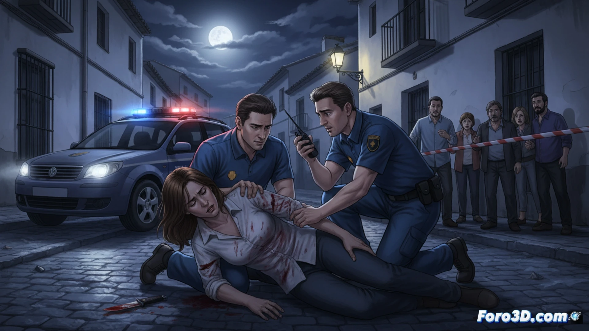 Calle adoquinada de Lora del Río iluminada por farolas, cuchillo ensangrentado caído sobre adoquines, mujer joven en el suelo con heridas visibles en el torso, guardia civil con guantes azules recogiendo muestras de sangre con hisopo esterilizado, linterna forense iluminando la escena, cinta policial amarilla ondeando al viento, furgón blanco del instituto armado al fondo, estilo cinematográfico realista, iluminación nocturna tenue con destellos de luces de emergencia, textura rugosa del asfalto y paredes encaladas, atmósfera tensa y dramática, fotografía técnica forense ultra detallada