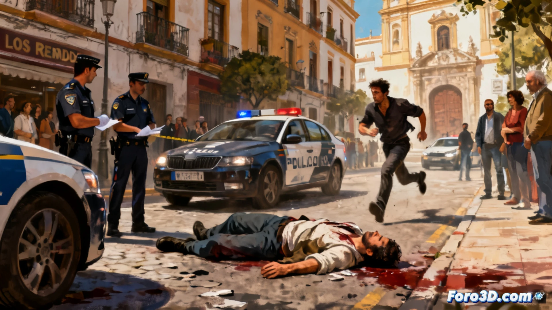 Un hombre yace en el suelo, junto a un coche abierto, mientras agentes y sanitarios asisten la escena nocturna en una calle de Sevilla.