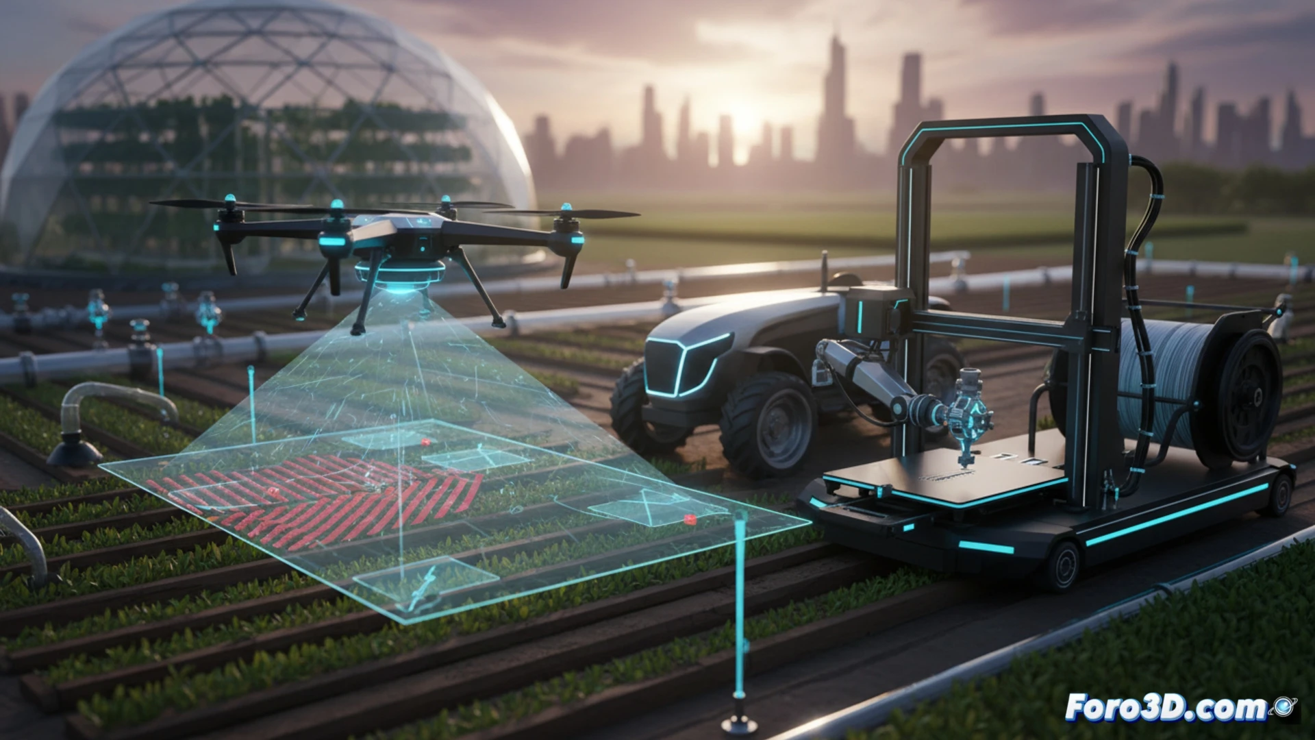 Un dron escanea un campo de cultivo, mientras una impresora 3D fabrica piezas para un tractor y un sistema de riego optimizado.