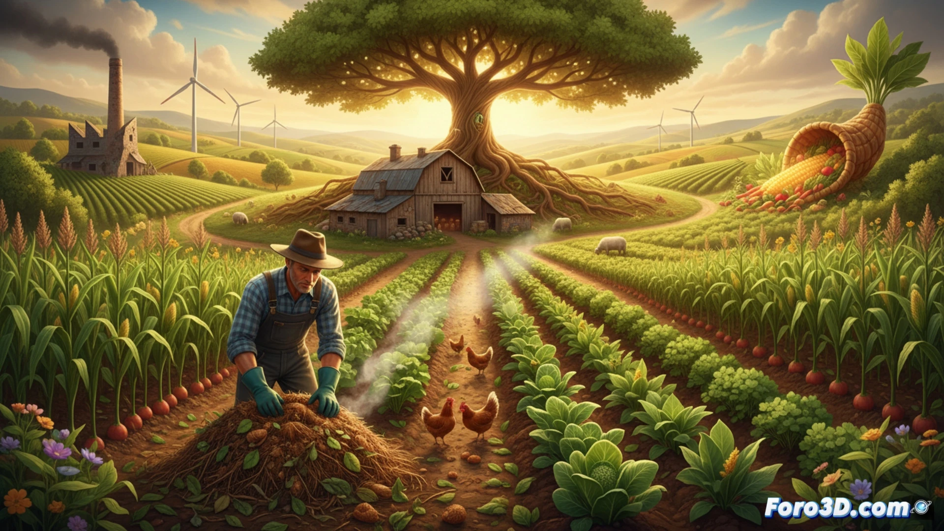 Photorealistic cinematic scene of a farmer kneeling in a sunlit organic field, hands gently sifting rich dark soil teeming with visible earthworms and root networks, while a wooden compost bin and a barrel of natural liquid fertilizer stand nearby in the background, contrasting with a distant faded silhouette of a chemical fertilizer factory, golden hour sunlight casting long shadows, dust particles floating in the warm air, ultra-detailed soil texture, earth tones, dramatic natural lighting, low-angle shot emphasizing soil health and sustainable process, no text or numbers visible