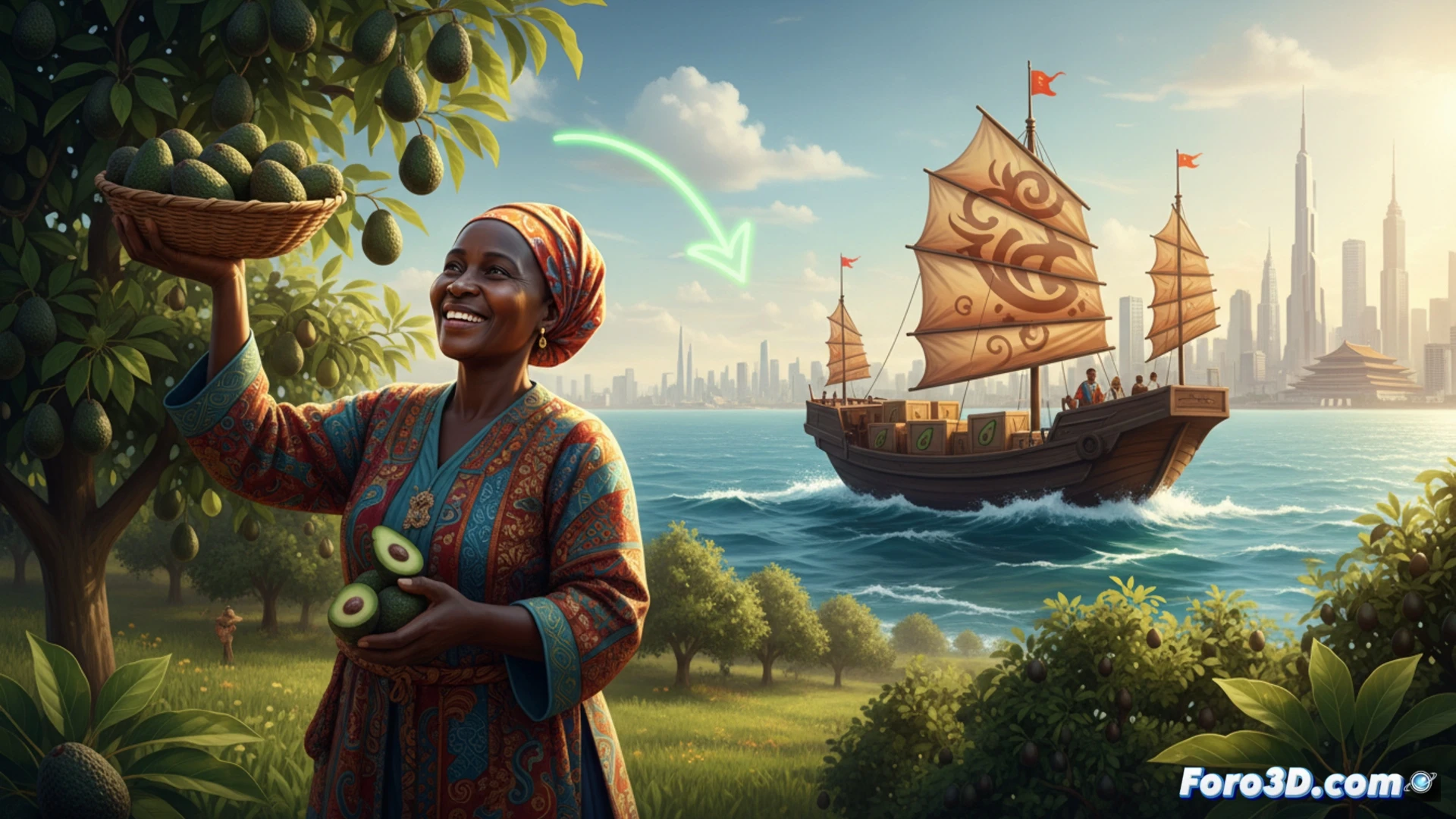 A Kenyan farmer, Olive Gichuri, holding a ripe avocado in one hand while pointing at a shipping container labeled with a digital customs clearance interface, showing a zero-tariff symbol, avocados being loaded onto a conveyor belt for export, a cargo ship visible in the background, photorealistic cinematic lighting, detailed textures of avocado skin and leaves, bright African sunlight, agricultural export process, technical illustration style, high contrast, sharp focus on the fruit and her hands.
