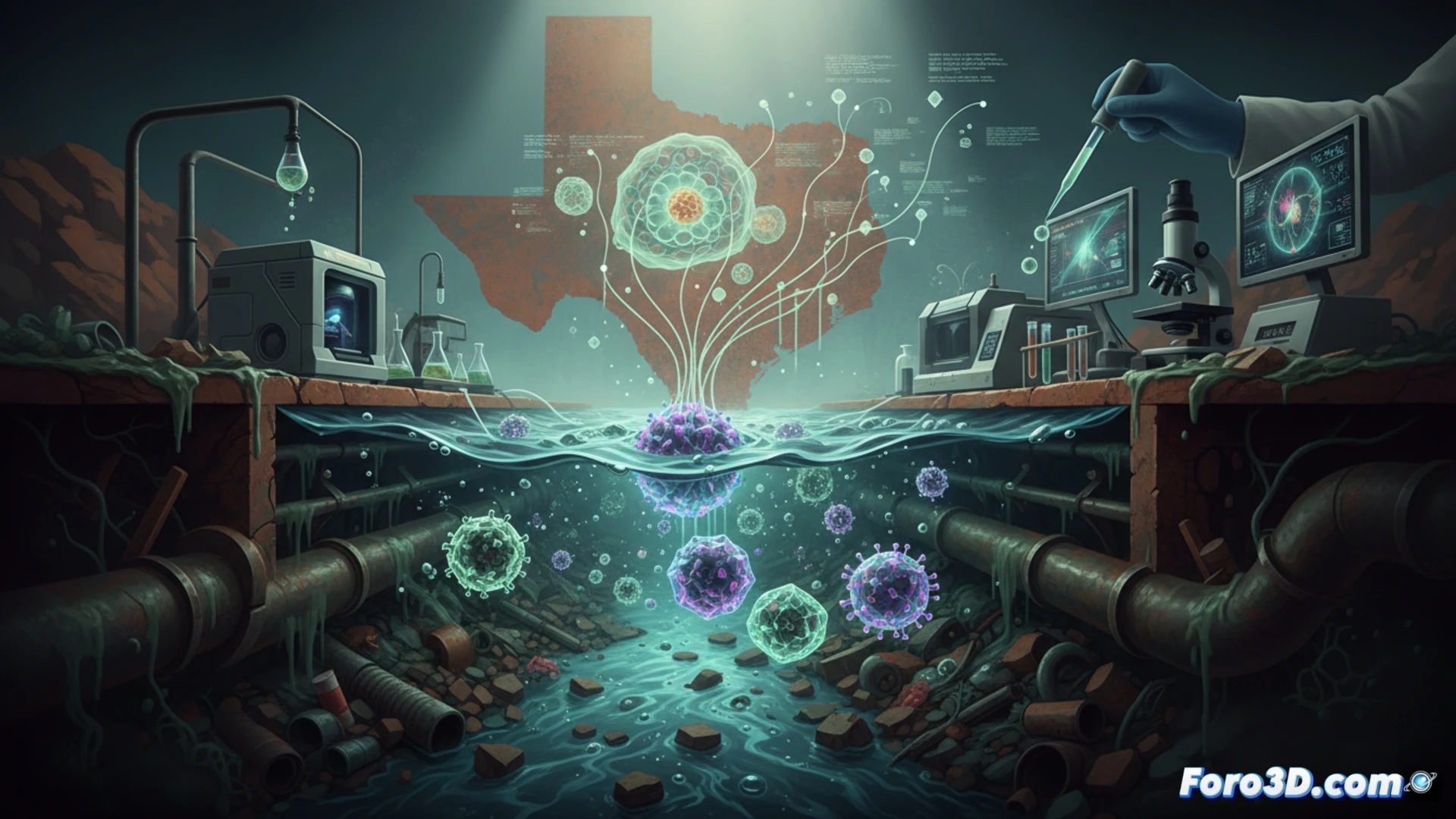 Laboratory analysis of wastewater samples from Texas cities, scientists in protective gear using genetic sequencing machines while computer screens display viral DNA strands of papillomavirus and hepatitis, illuminated glass vials and pipettes on metallic surfaces, modern biotechnology laboratory with blue LED lighting, photorealistic technical illustration, detailed lab equipment, clean scientific environment, cinematic clarity, medical research aesthetic, ultra-realistic textures, sterile clinical atmosphere
