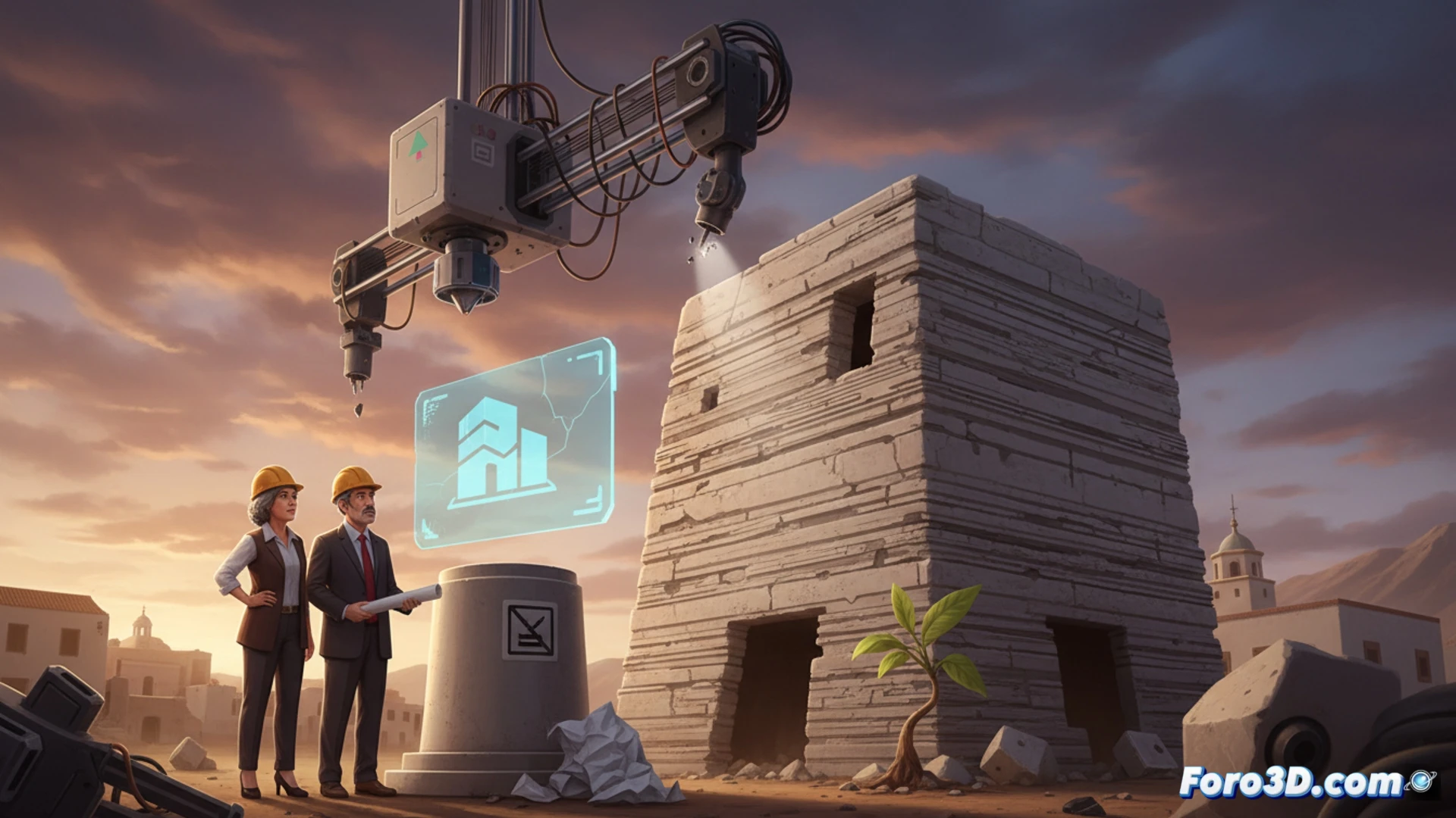 Una maqueta digital de un edificio municipal moderno flota sobre un terreno vacío en Agüimes, con una impresora 3D industrial inactiva al lado. El cielo nublado refleja el contratiempo.