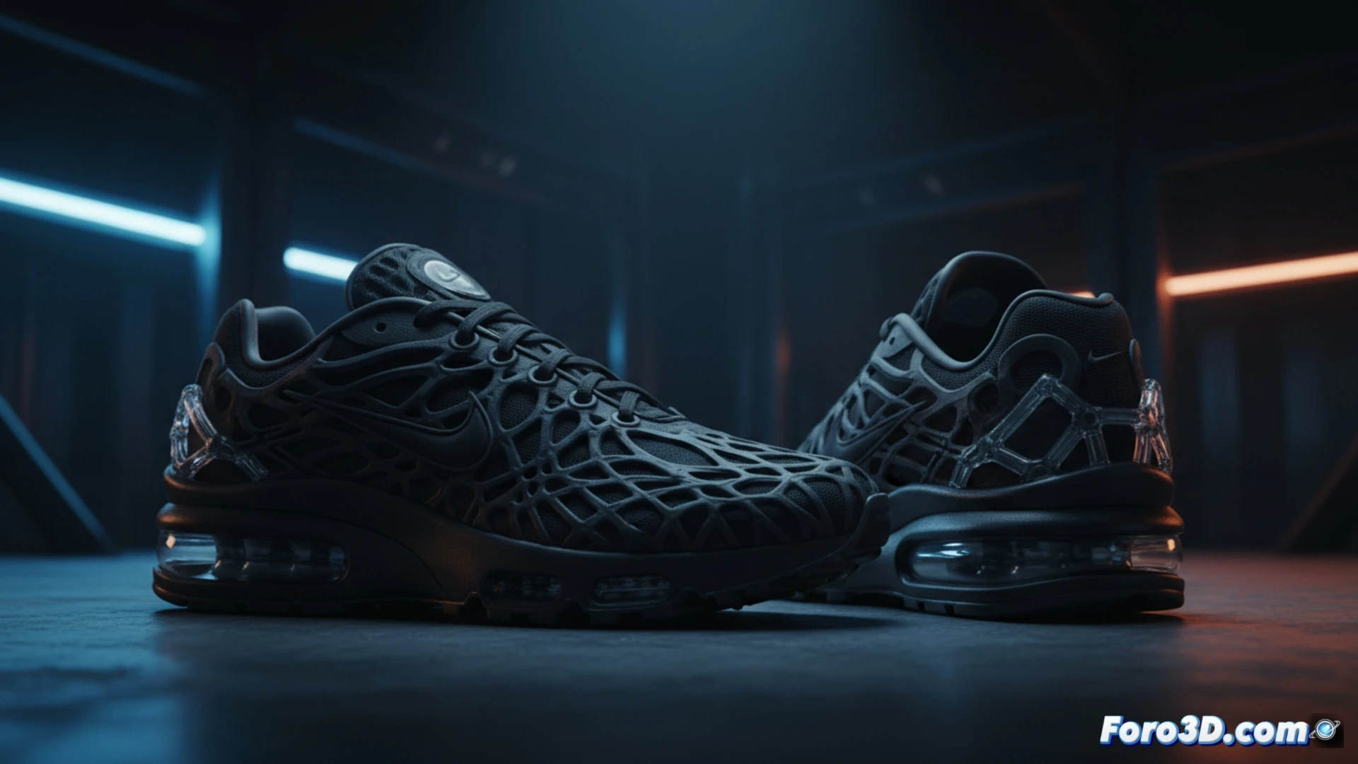 Descripción detallada: primer plano de una zapatilla Nike Air Max 1000.2 en negro mate, con silueta ondulada sin cordones y suela impresa en 3D de textura granular, sobre fondo oscuro. (110 caracteres)