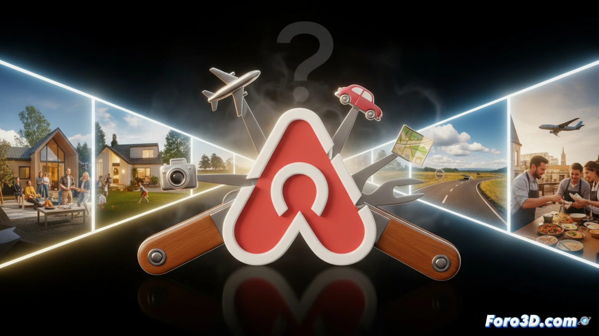 Airbnb app interface transforming into a Swiss Army knife, metallic blade sections unfolding to reveal flight booking, car rental, and experience icons, while old key symbols and house rules documents fall away into shadow, cinematic product visualization, glowing digital UI elements merging with polished steel textures, motion blur on unfolding components, dramatic high-contrast lighting, photorealistic technical render, ultra-detailed metal reflections and holographic screen overlays