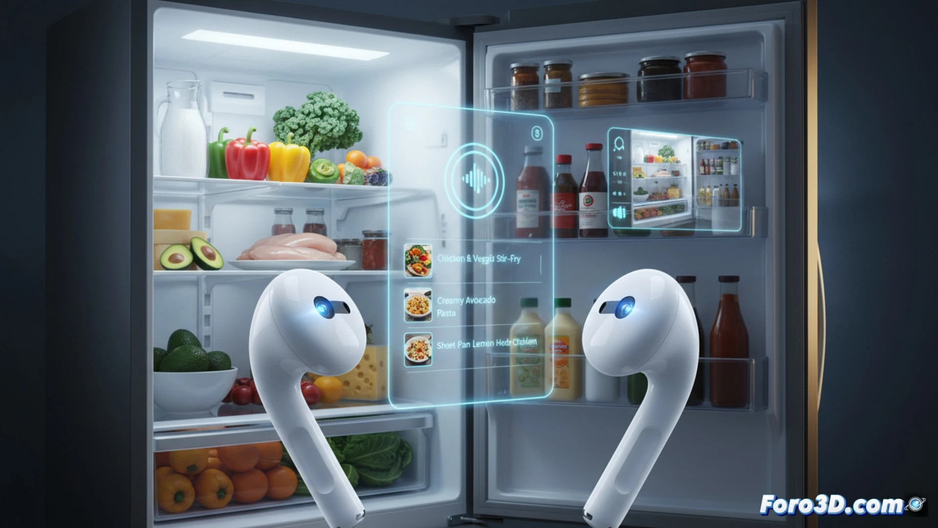 AirPods con cámara integrada frente a una nevera abierta; Siri analiza los alimentos y sugiere recetas.