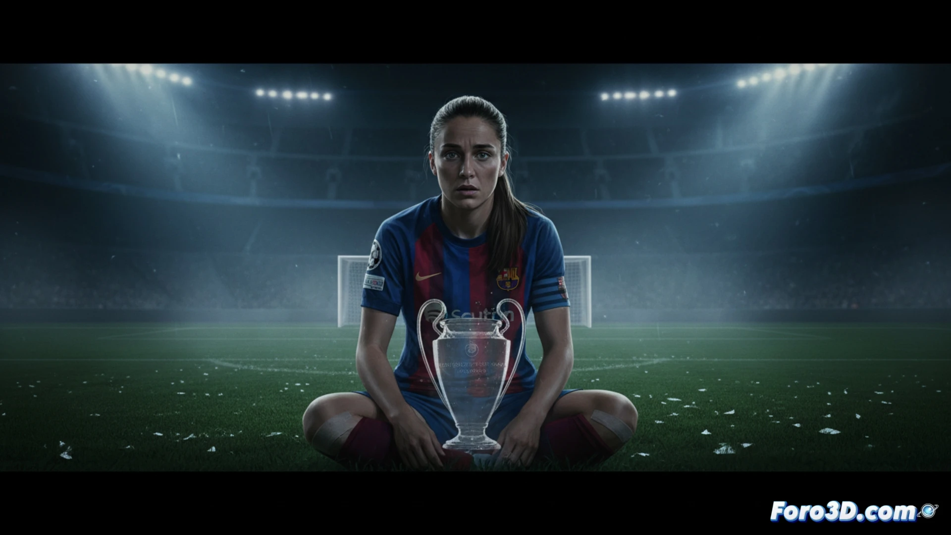 photorealistic cinematic scene of Aitana Bonmatí in FC Barcelona away kit during Champions League final, left leg in motion showing carbon fiber ankle brace under sock, fractured fibula recovery process visualized with glowing blue biomechanical lines tracing bone healing, grass blades flying from stud impact during a sharp pivot, opponent Lyon defender in white shirt sliding for tackle, ball slightly out of reach showing lack of match sharpness, stadium floodlights creating dramatic shadows on pitch, medical tape visible on left ankle, zero shots on goal implied by body language, technical sports medicine visualization, ultra-detailed muscle strain in calf, motion blur on background crowd, realistic night match lighting, 8K cinematic render
