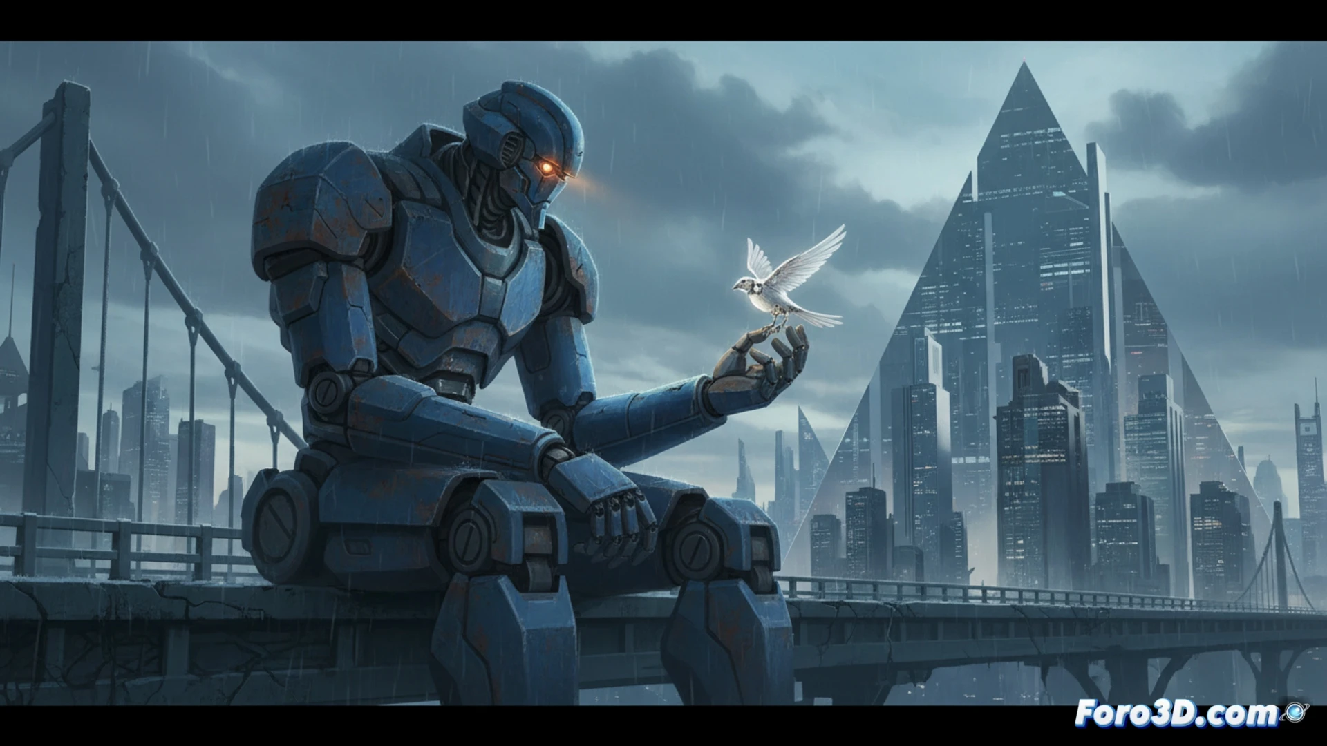 Un robot de acero azul y blanco, con mirada melancólica, posa en un hangar iluminado por rayos de luz geométricos, mientras el piloto observa en silencio.