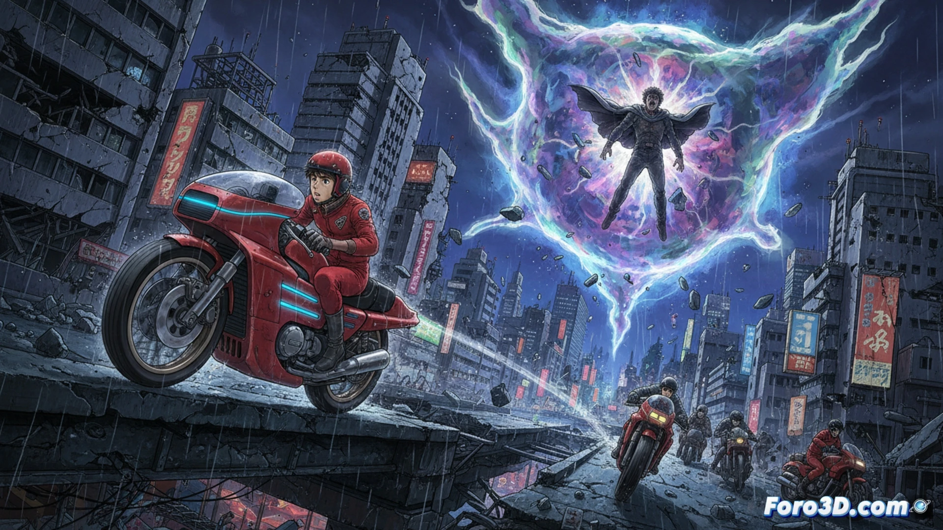 Neo-Tokio en ruinas bajo luces neón, Kaneda en su moto roja frente a la explosión psíquica de Tetsuo.