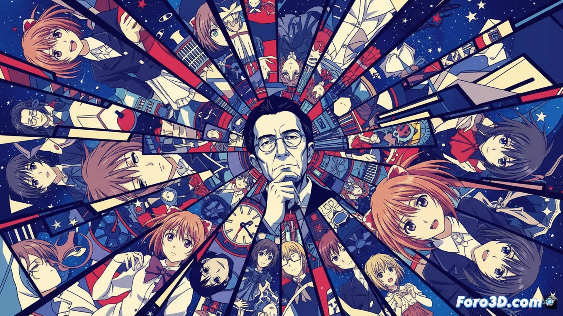 Un collage visual con ángulos imposibles, colores planos y saturados, tipografía flotante y sombras distorsionadas, evocando el estilo único de Shinbo en Madoka Magica y Monogatari.