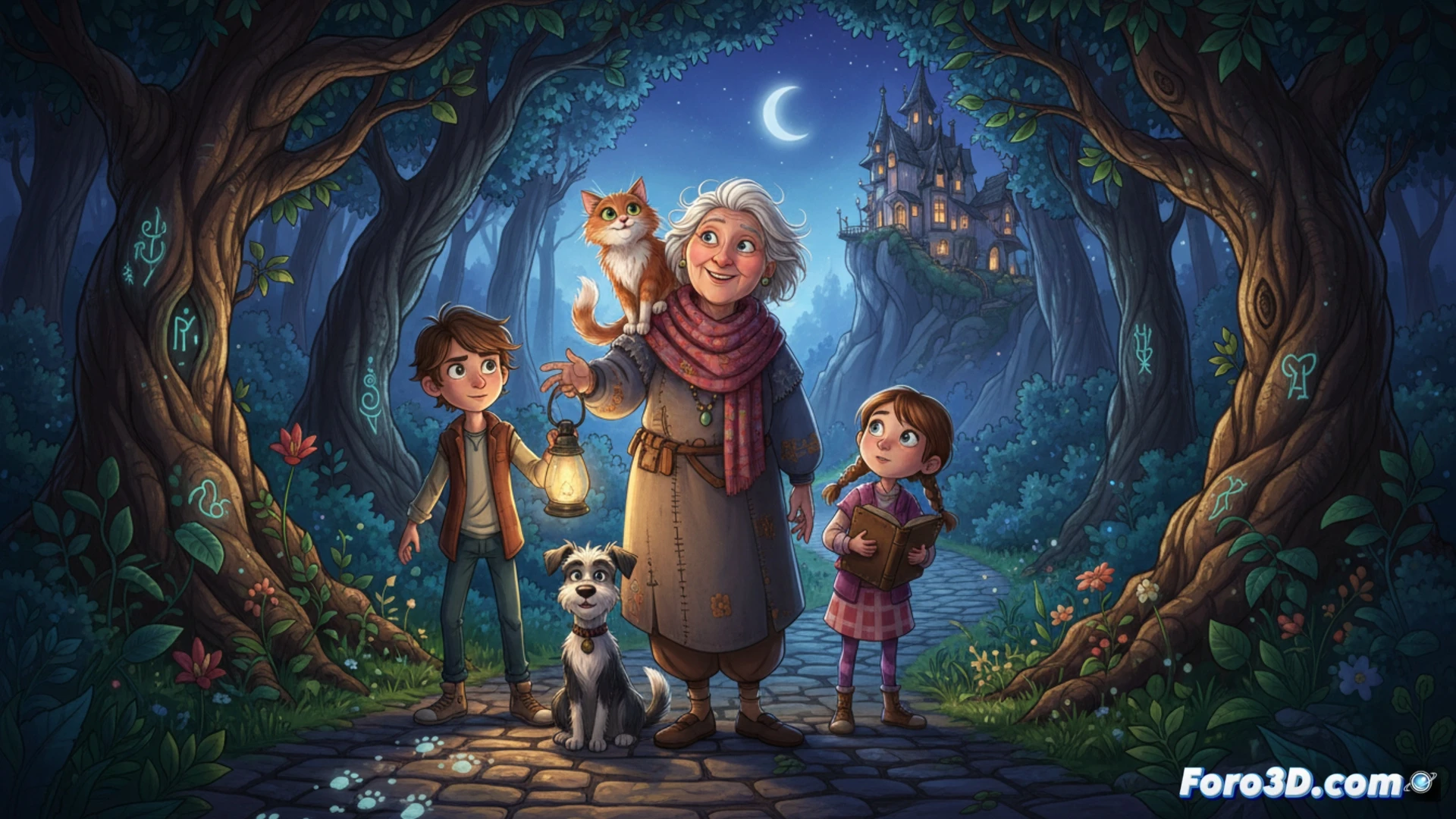 Ilustración vibrante de los hermanos Jules y Lola junto a su abuela, rodeados de perros y gatos parlantes, en una búsqueda nocturna bajo faroles.