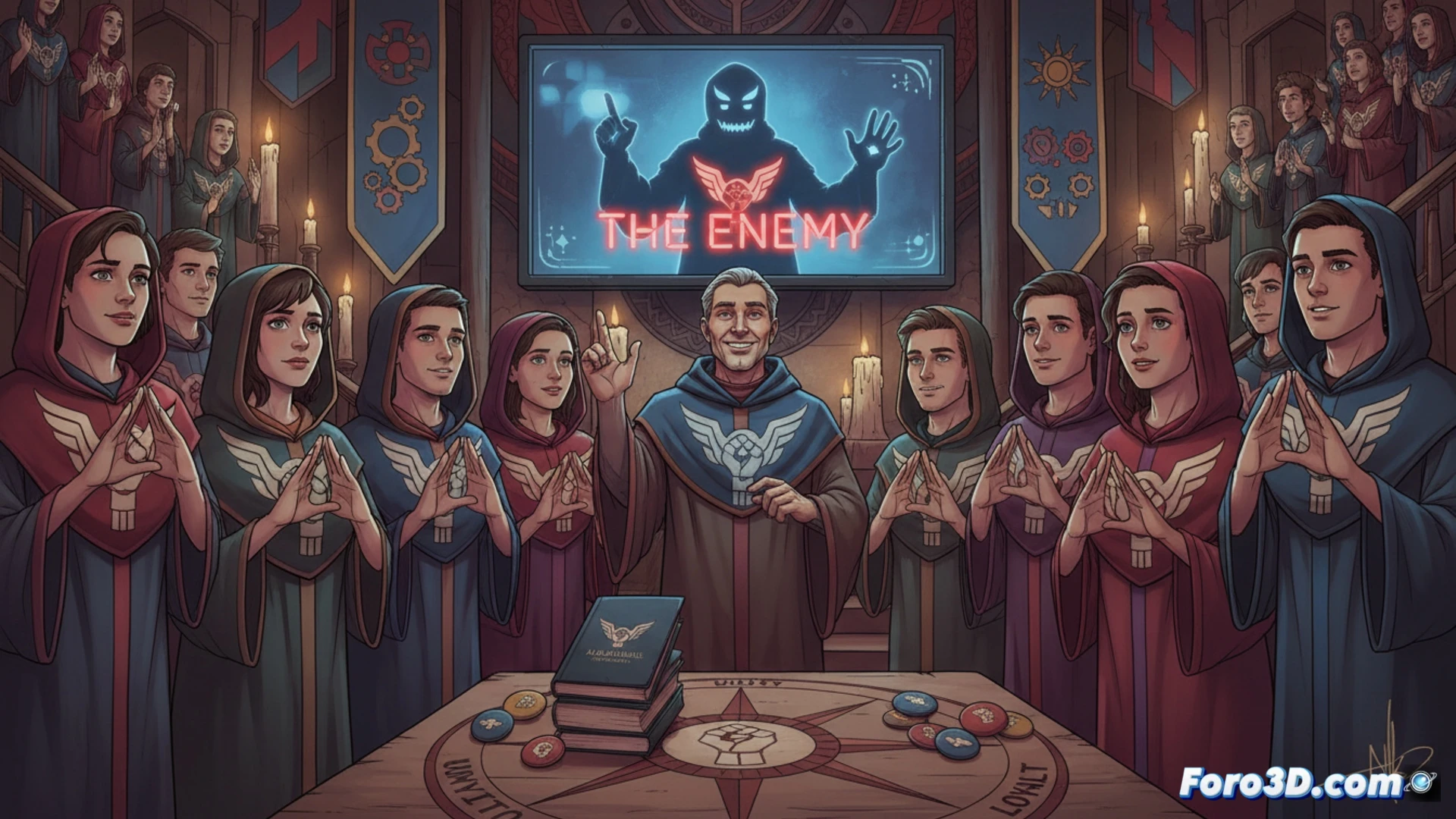 young silhouetted figures in hoodies standing in a dimly lit room, each holding a smartphone displaying a single glowing party logo, hands reaching toward a central laptop screen showing a flowchart of indoctrination steps, isolation from peer groups visualized as broken social media icons on the floor, ritualistic hand gestures forming a circle, technical illustration style, photorealistic render, cinematic shadows from a single overhead light source, metallic surfaces reflecting blue and red party colors, ultra-detailed textures on clothing and screens, dramatic contrast between illuminated faces and dark background