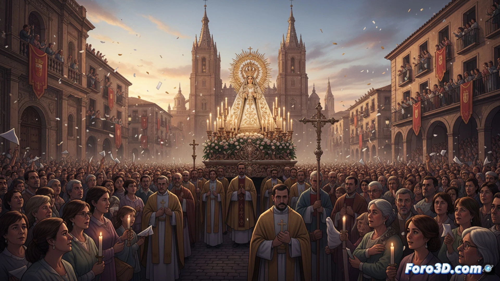 Plaza de la Catedral de Albacete abarrotada de fieles durante procesión solemne, estandarte de la Virgen de Los Llanos elevado sobre la multitud, rayos de luz solar filtrándose entre nubes e iluminando la imagen de la patrona, campanario de la catedral al fondo, fieles levantando brazos en señal de devoción mientras el cortejo avanza, vestimentas tradicionales y banderas ondeando, cinematic photorealistic visualization, dramatic golden hour lighting, depth of field destacando la figura central, multitud en movimiento con detalles de expresiones de fe, alta definición técnica, ambiente festivo y religioso.